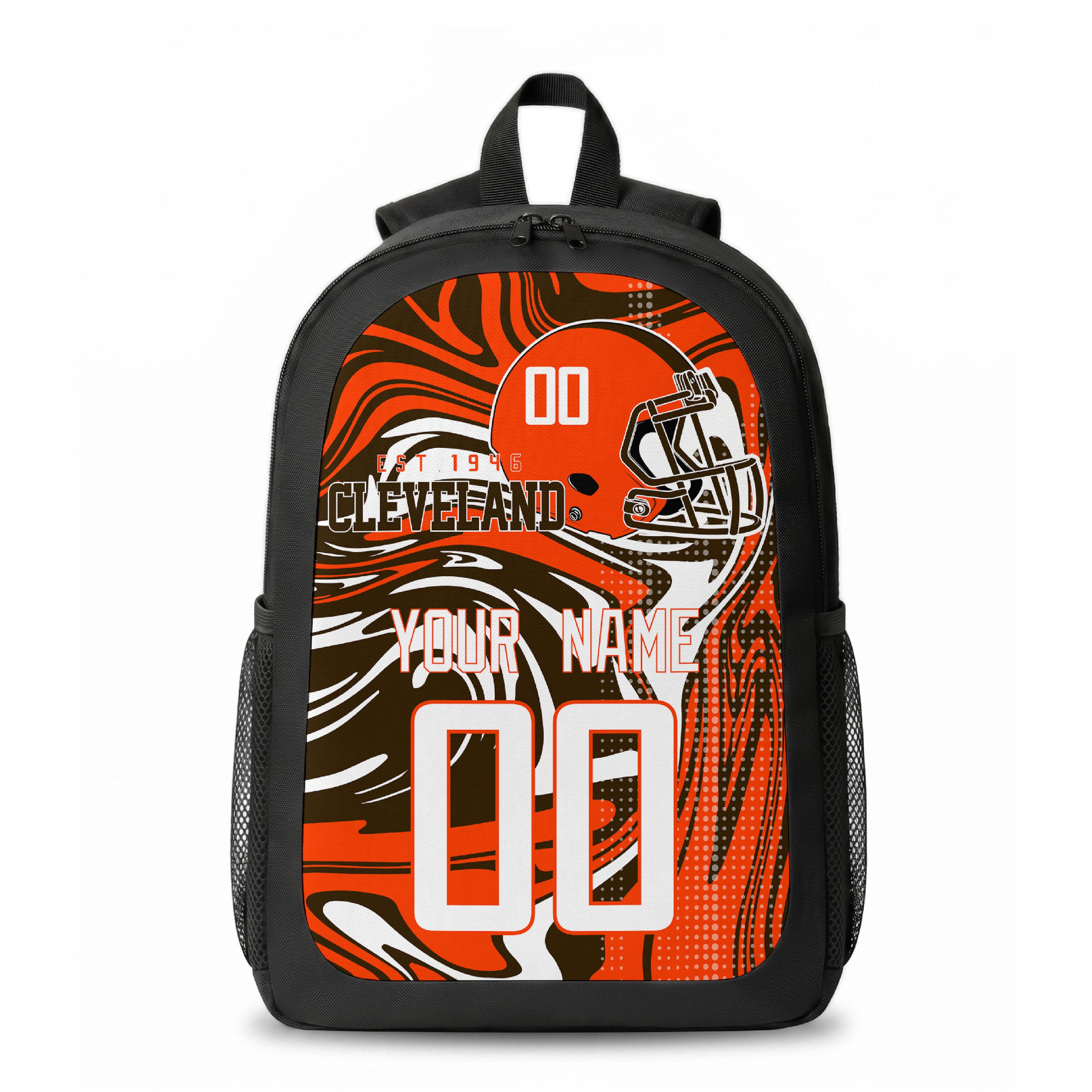 Cleveland city colors personalized football backpack front view with helmet-style graphic