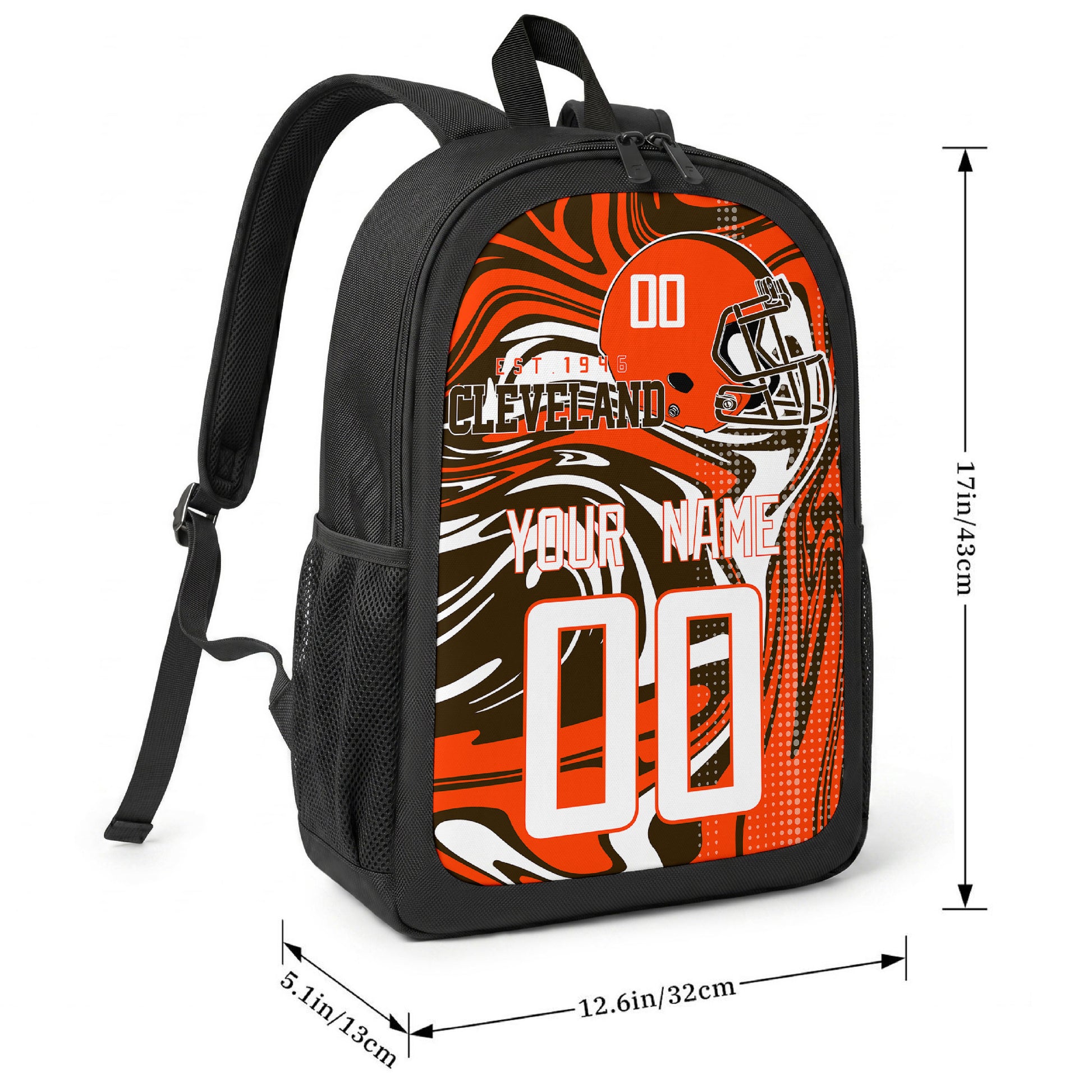 Cleveland football-inspired backpack size chart showing 17 inch height, 12.6 inch width, and 5.1 inch depth