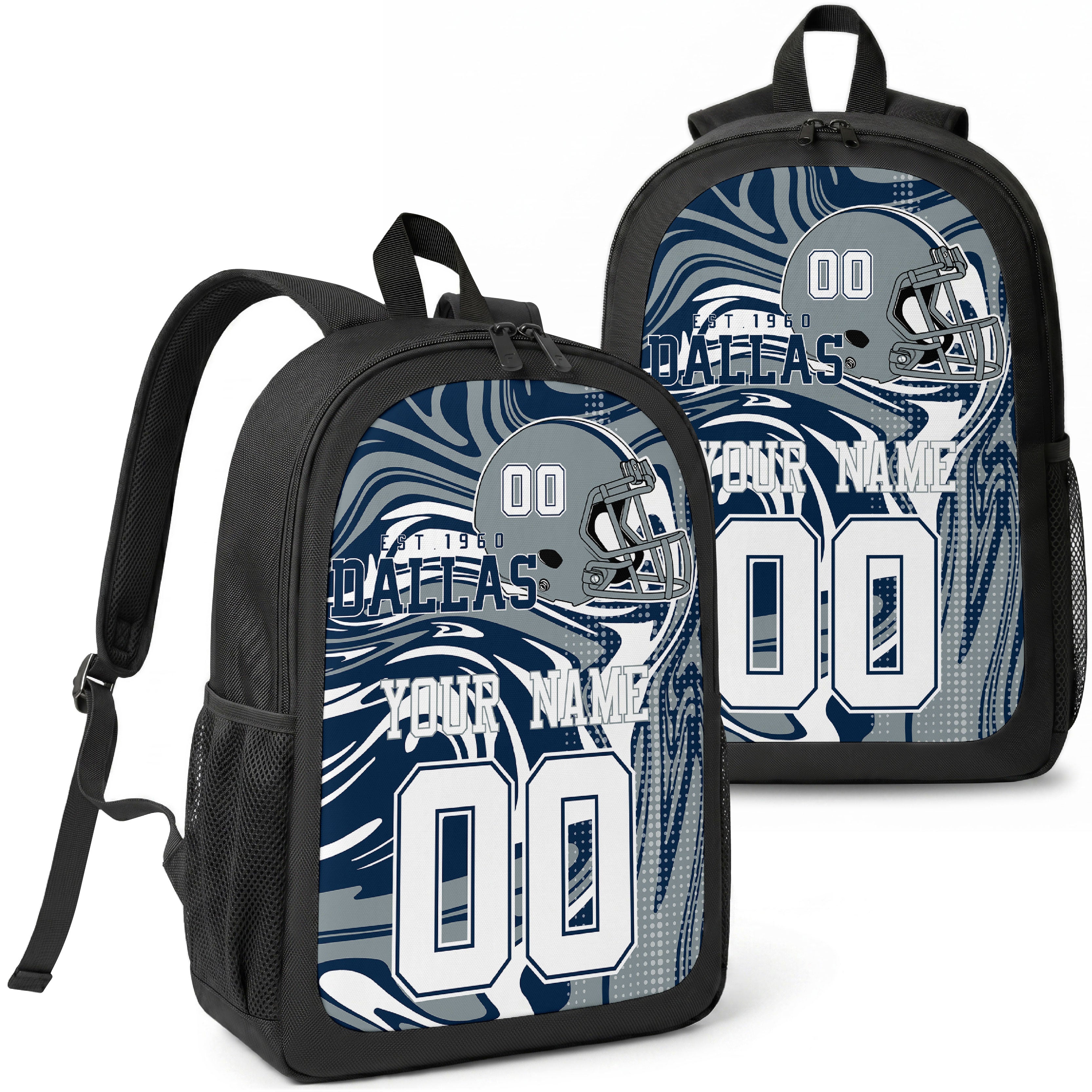 Dallas custom football backpack with name and number, front and angled product view