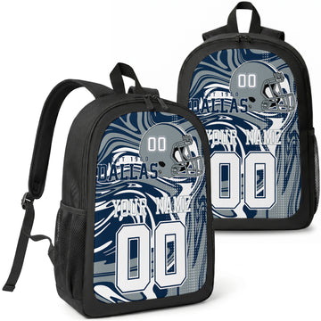 Dallas custom football backpack with name and number, front and angled product view