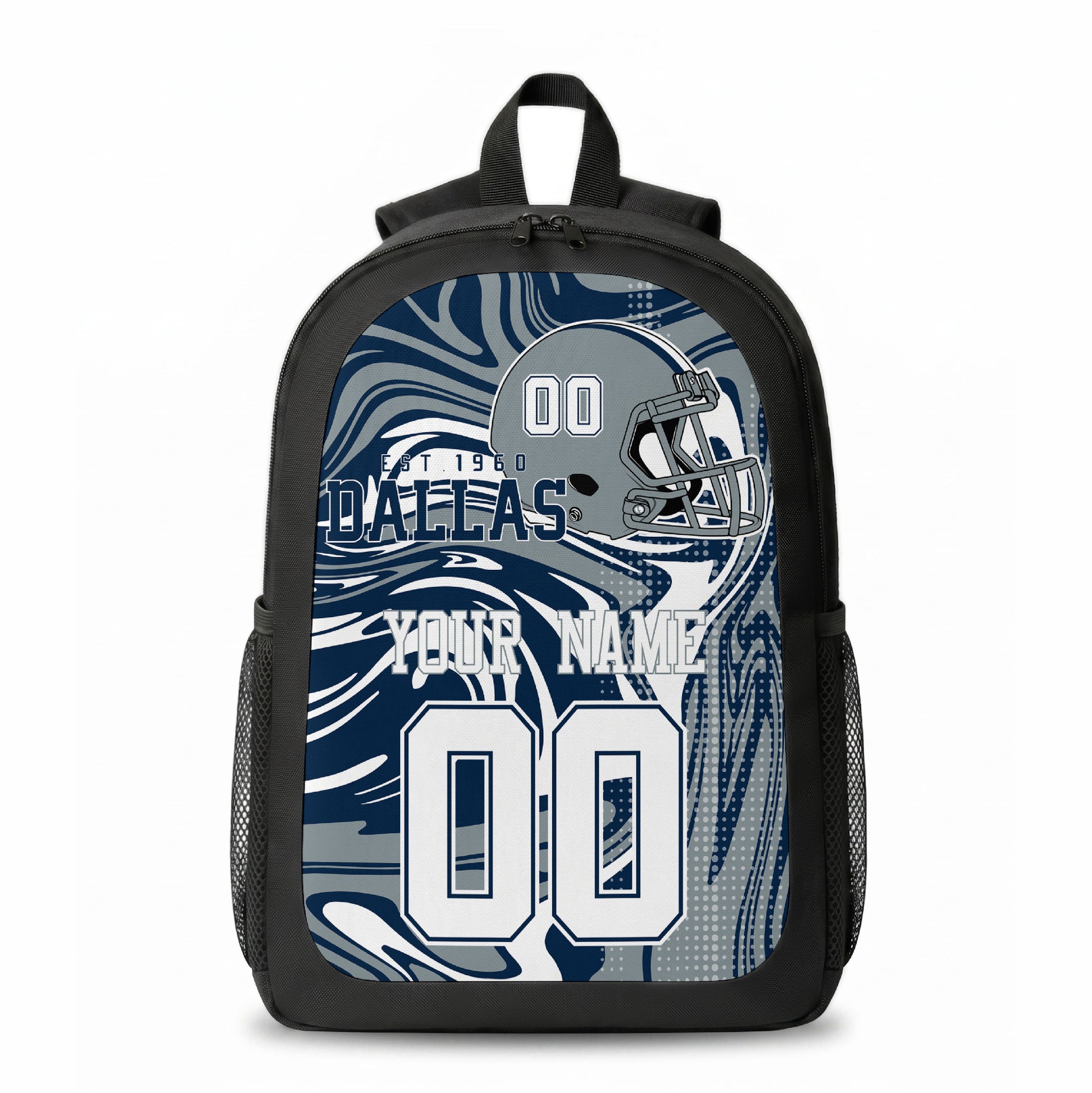 Dallas city colors personalized football backpack front view with helmet-style graphic