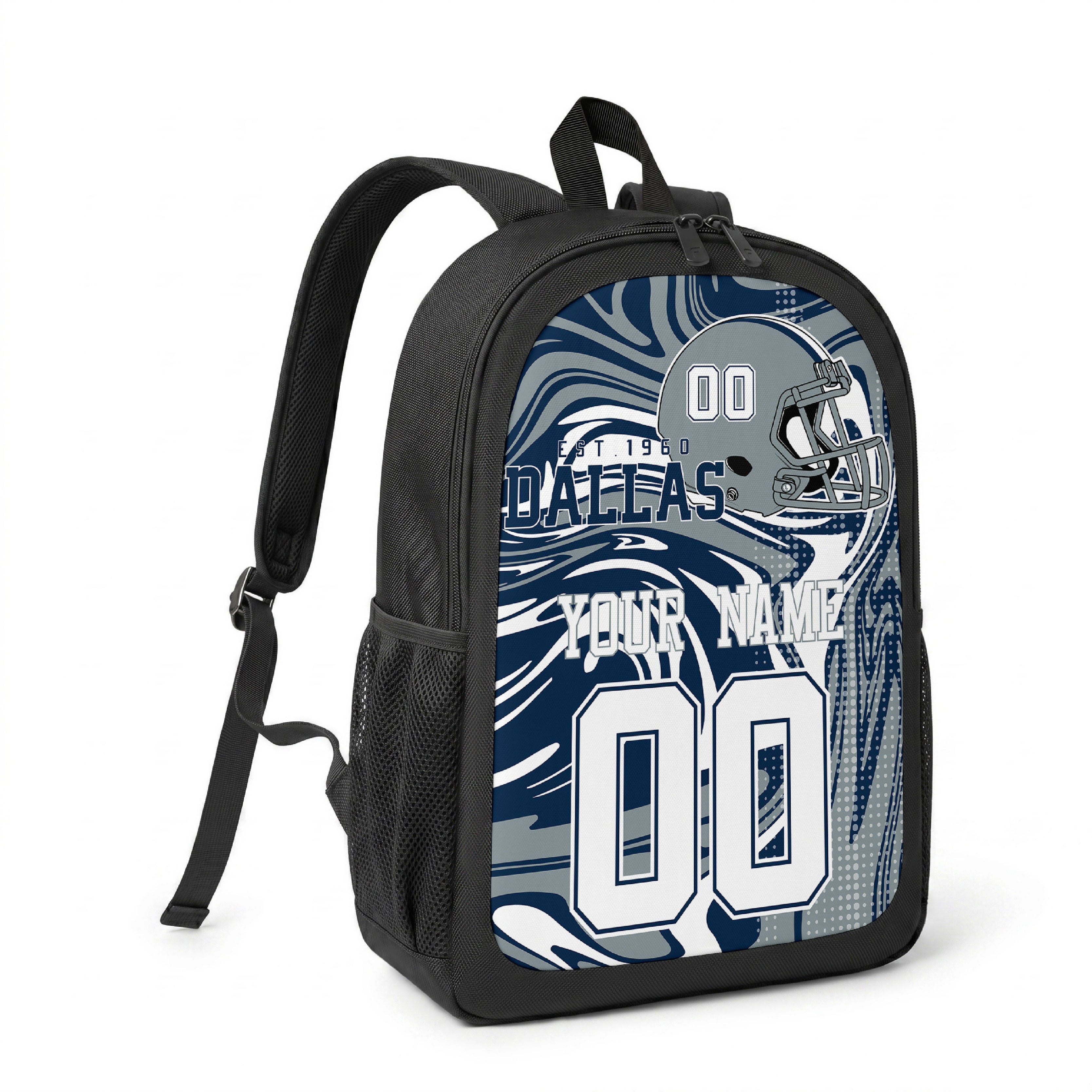 Dallas custom name and number football backpack angled side view with black straps