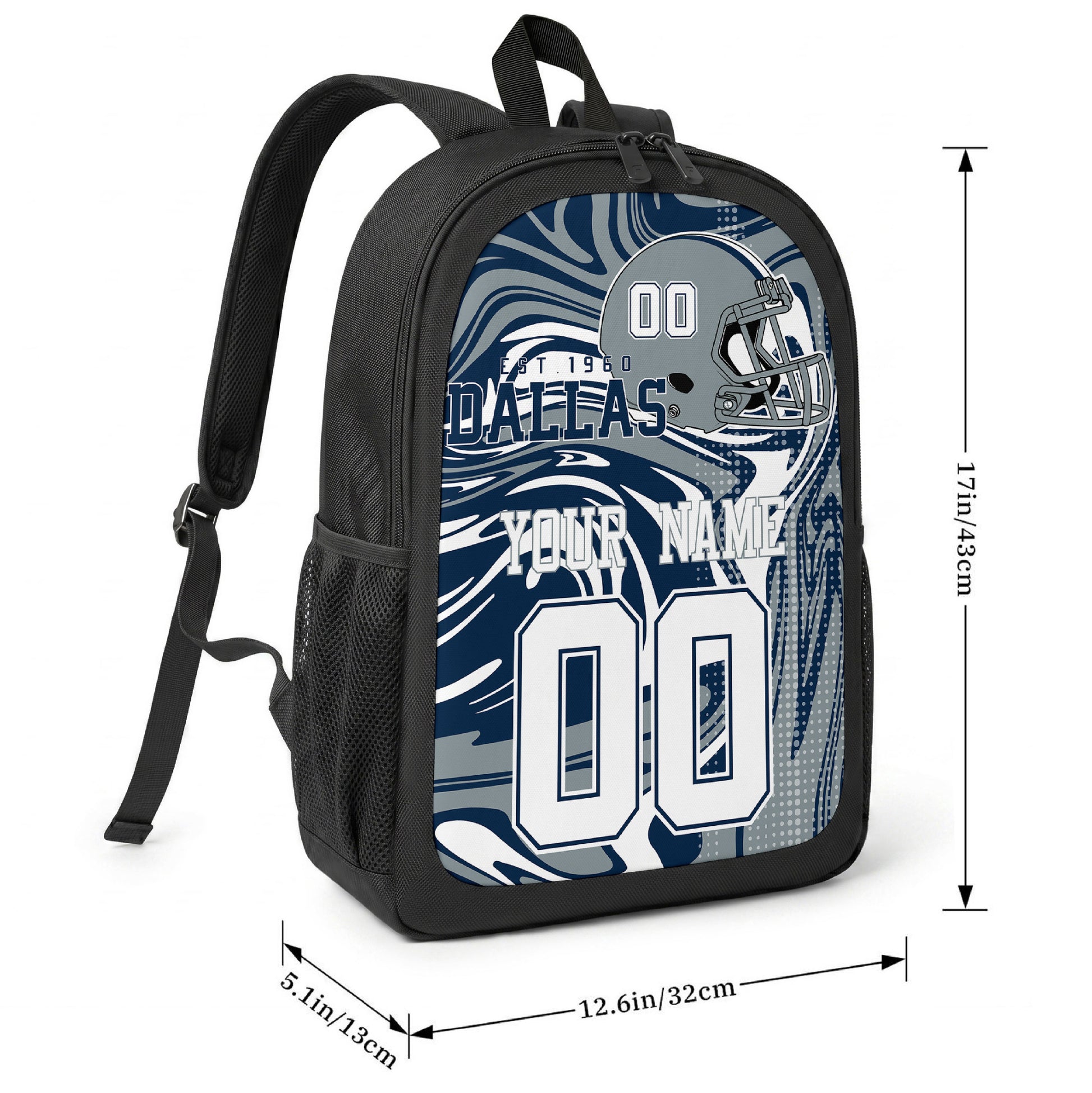 Dallas football-inspired backpack size chart showing 17 inch height, 12.6 inch width, and 5.1 inch depth