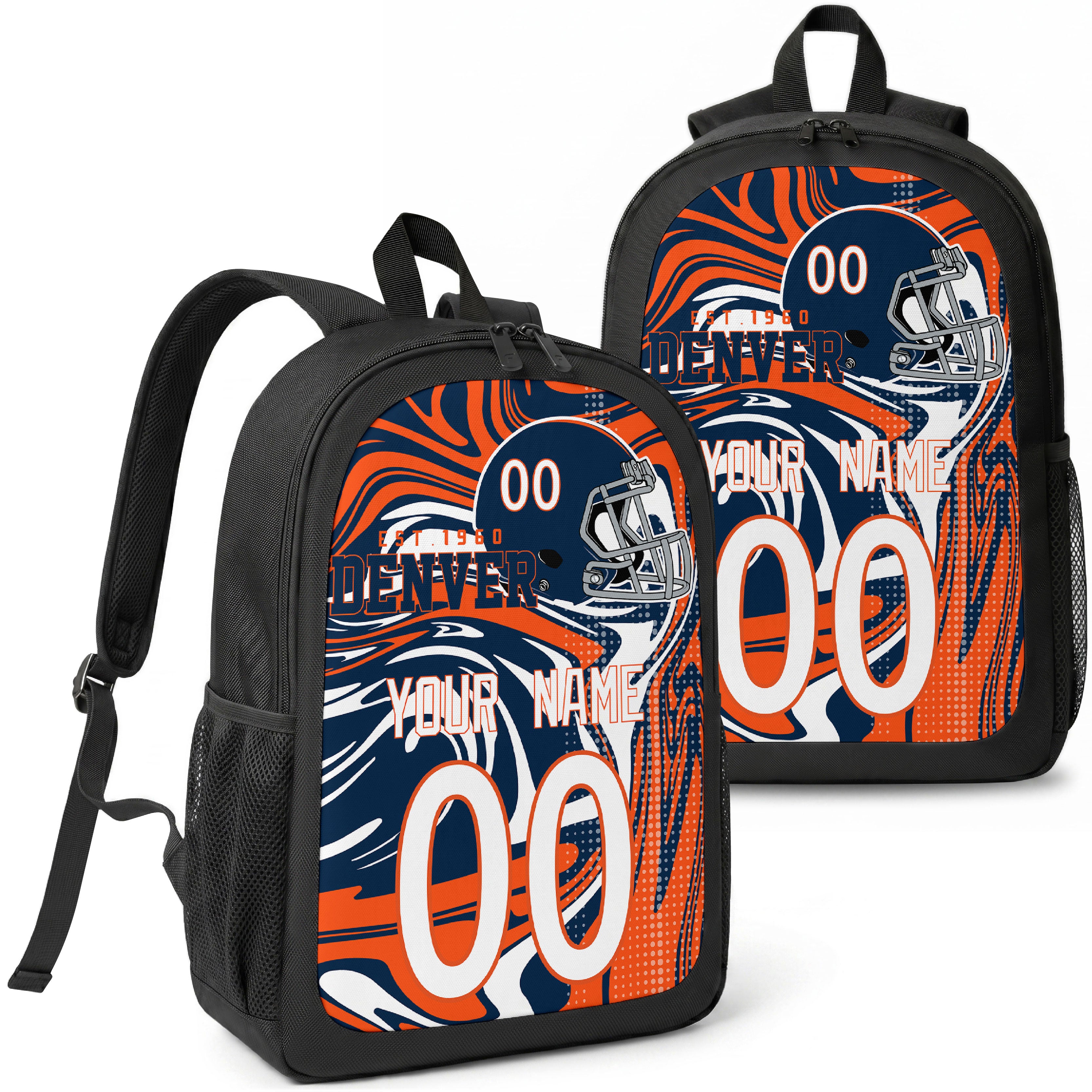 Denver custom football backpack with name and number, front and angled product view