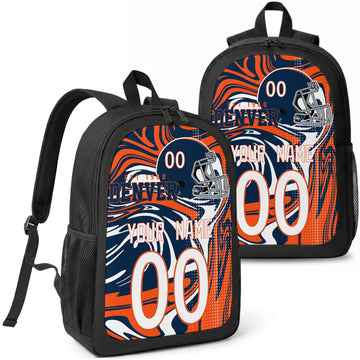 Denver custom football backpack with name and number, front and angled product view