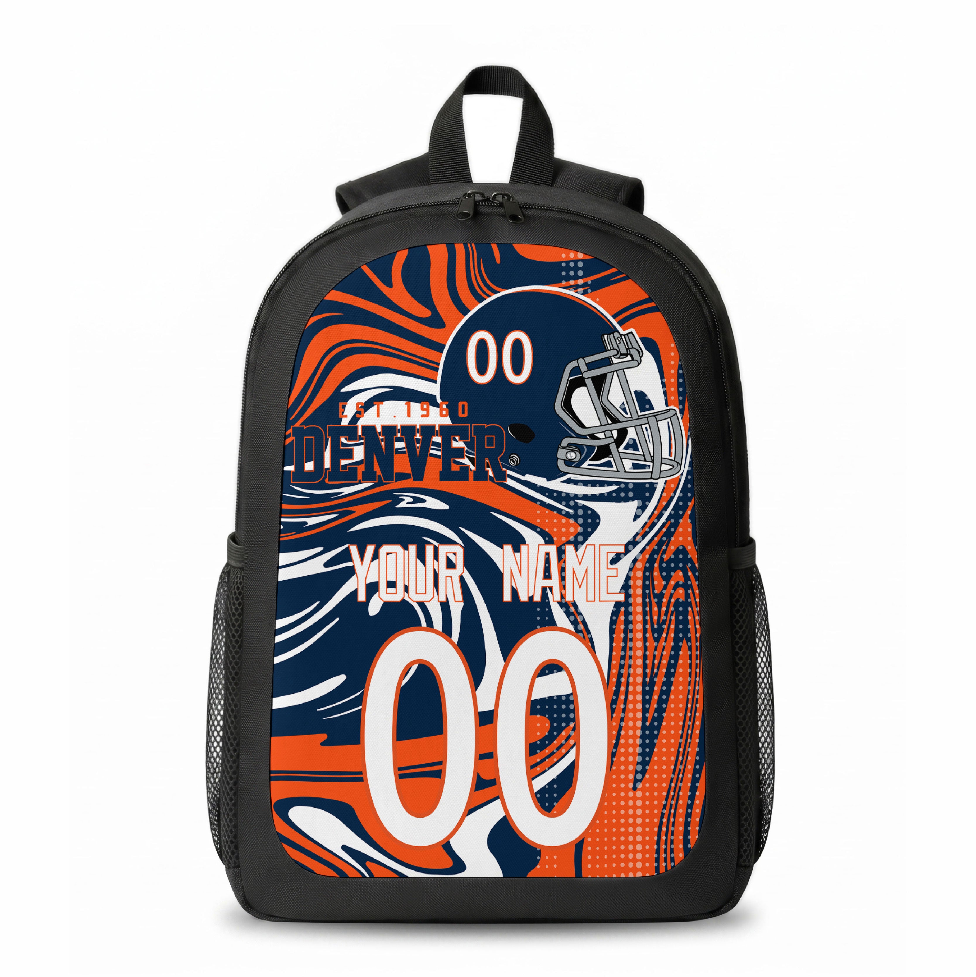 Denver city colors personalized football backpack front view with helmet-style graphic