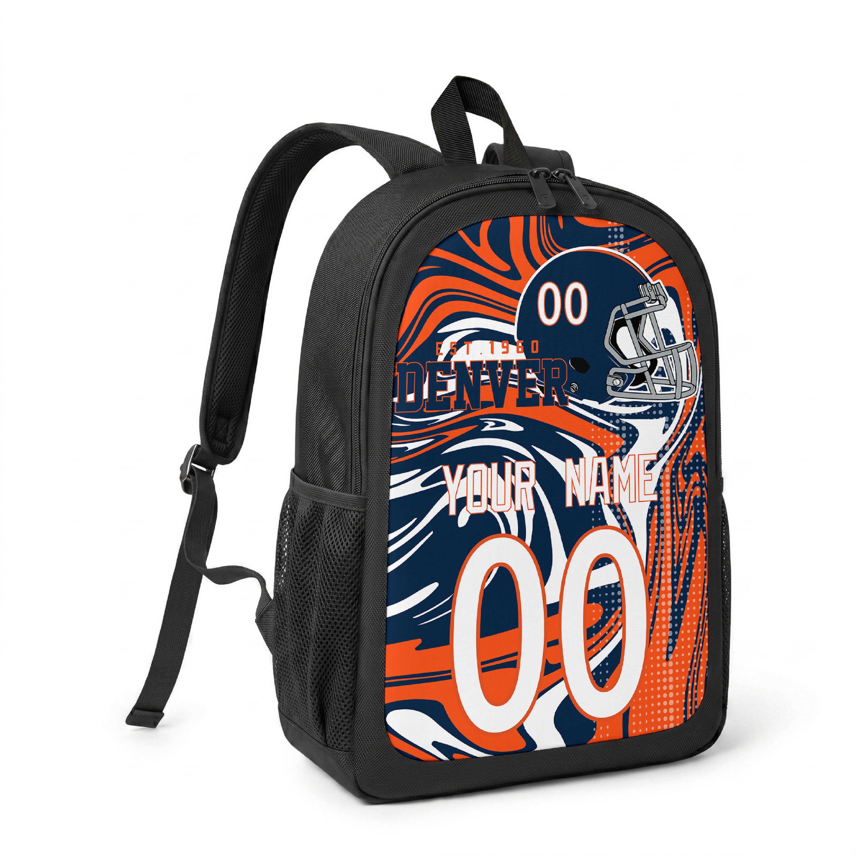 Denver custom name and number football backpack angled side view with black straps