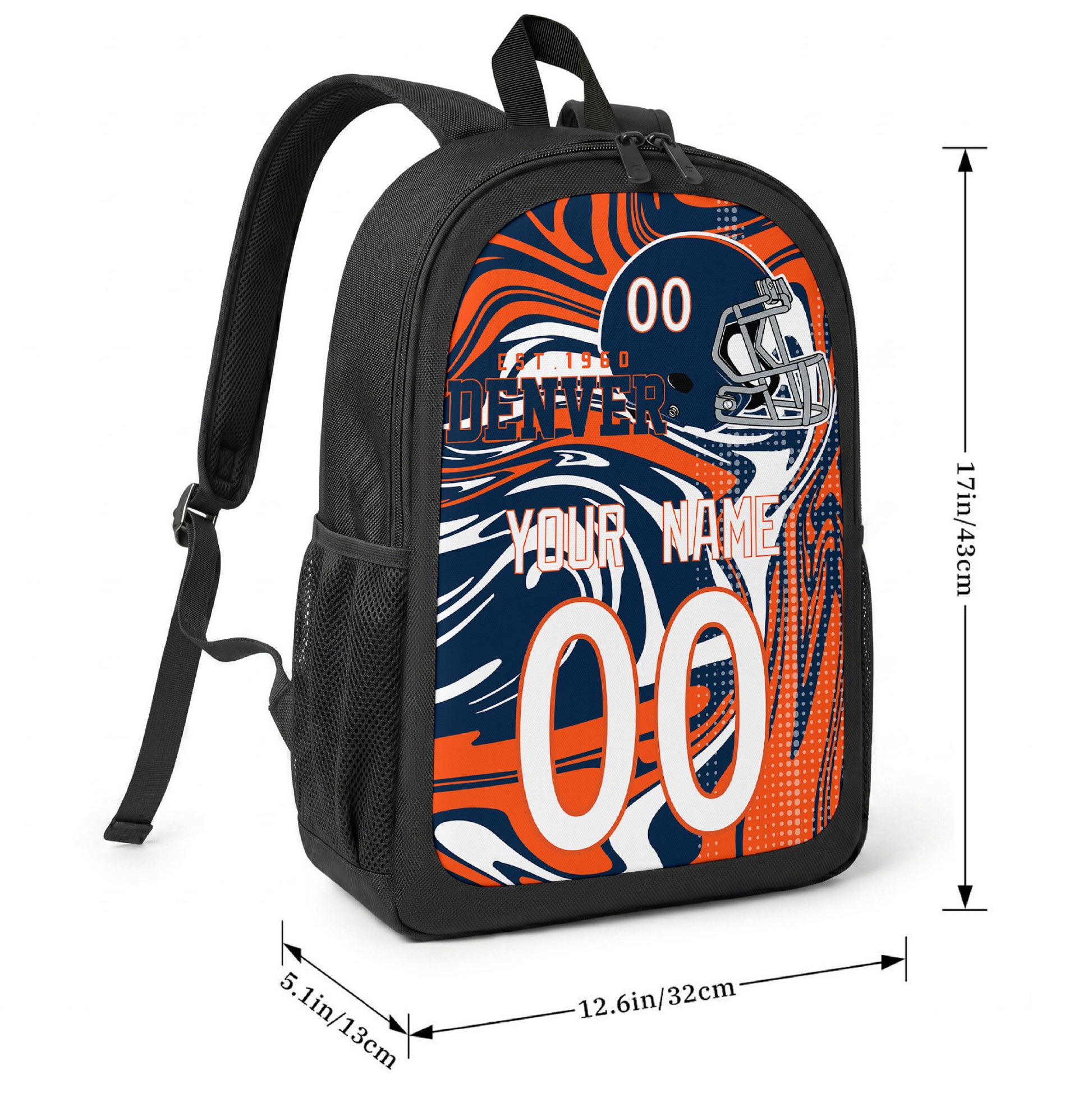 Denver football-inspired backpack size chart showing 17 inch height, 12.6 inch width, and 5.1 inch depth