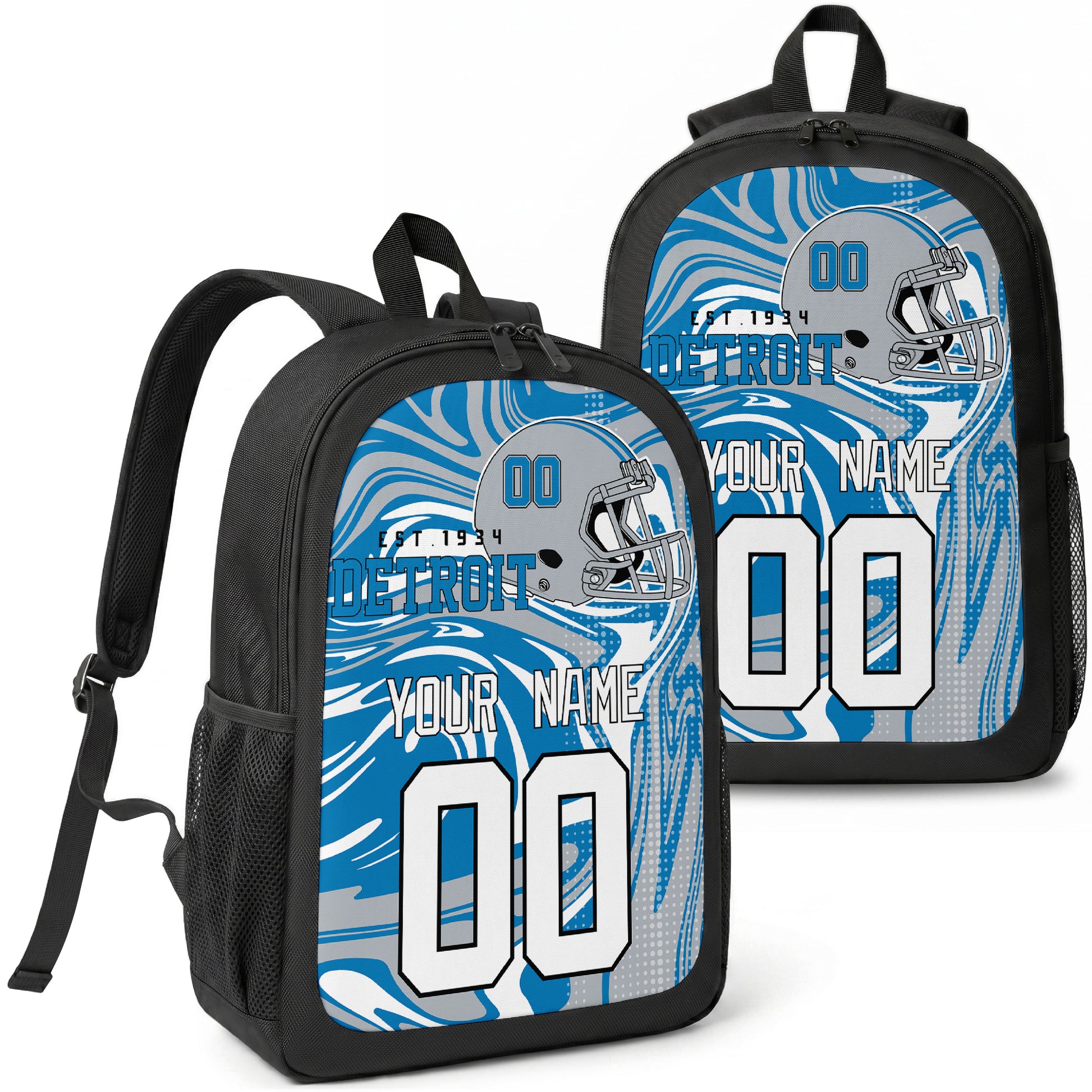 Detroit custom football backpack with name and number, front and angled product view