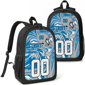 Detroit custom football backpack with name and number, front and angled product view