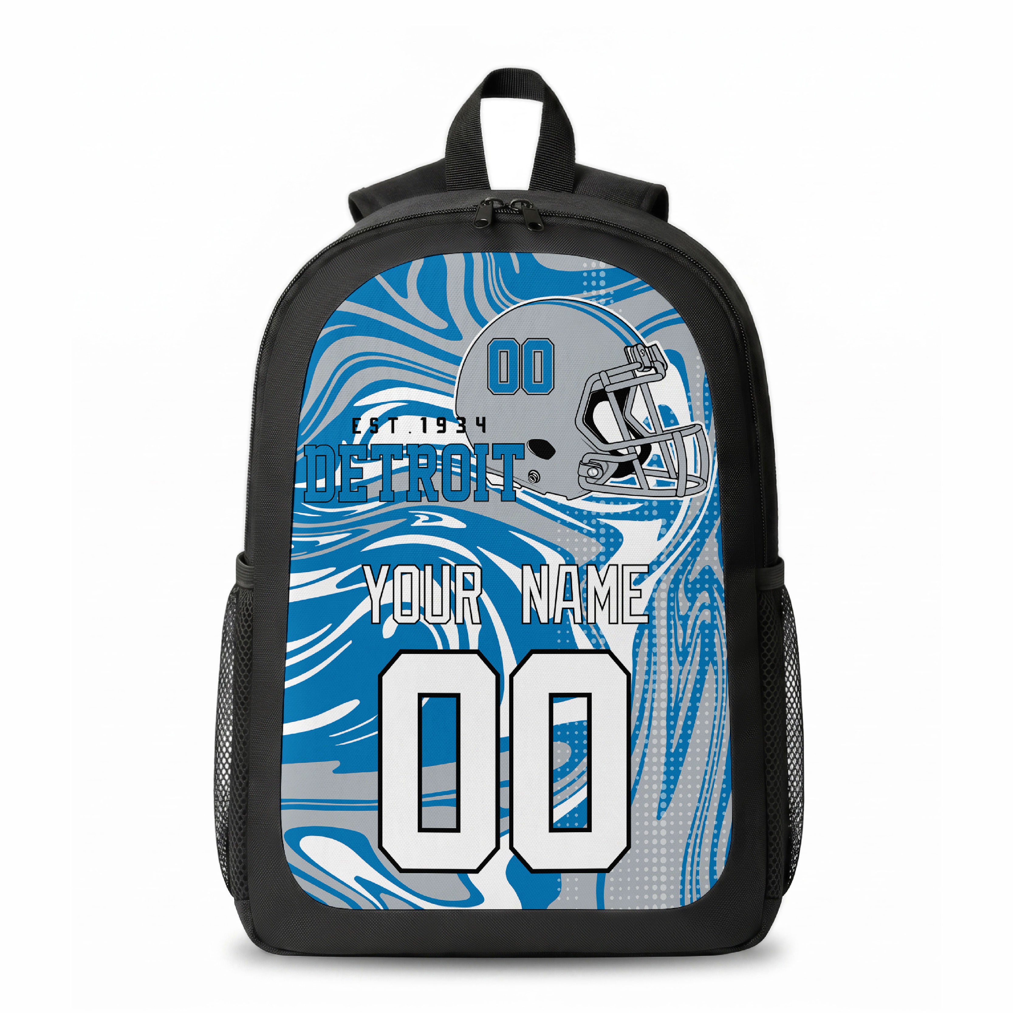 Detroit city colors personalized football backpack front view with helmet-style graphic