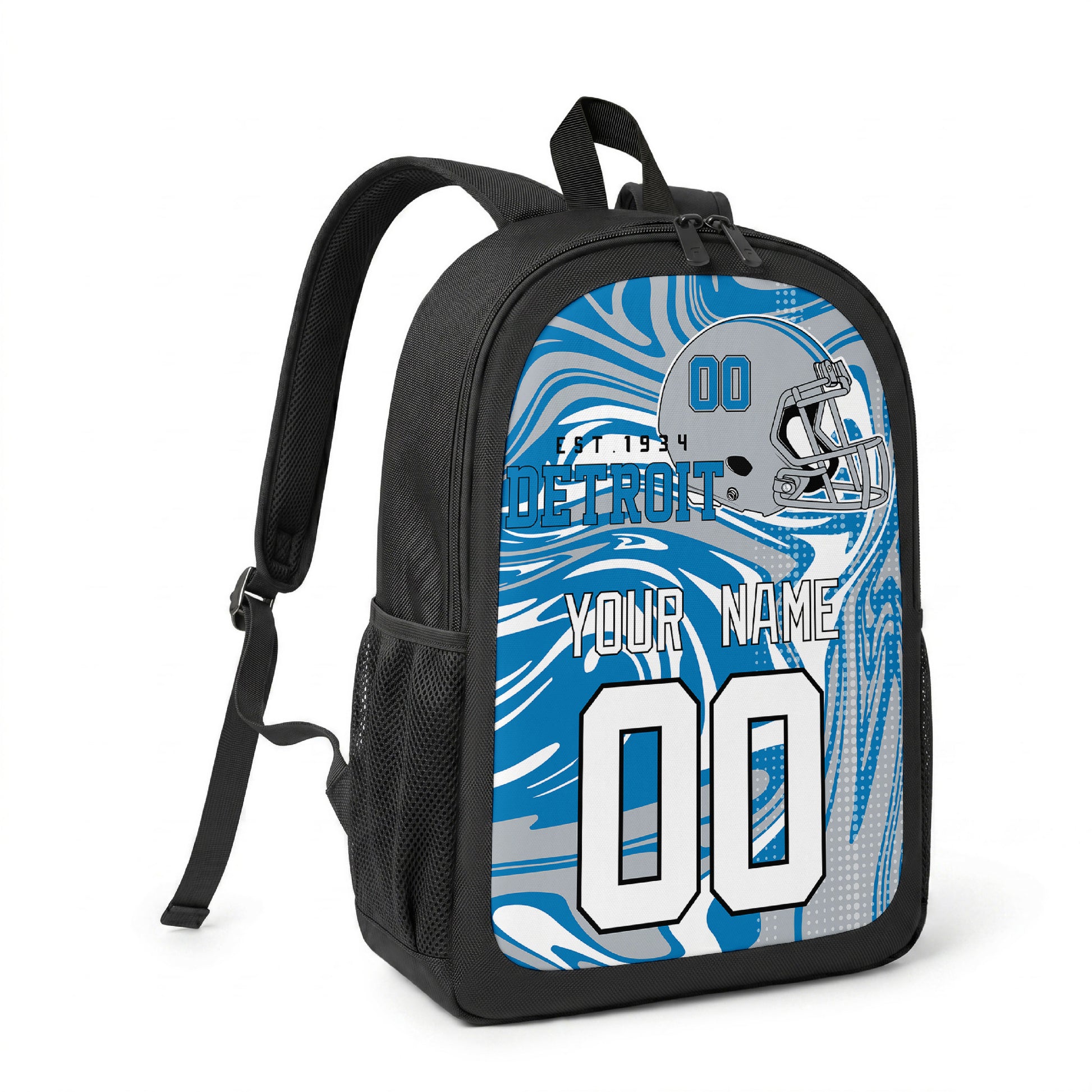 Detroit custom name and number football backpack angled side view with black straps