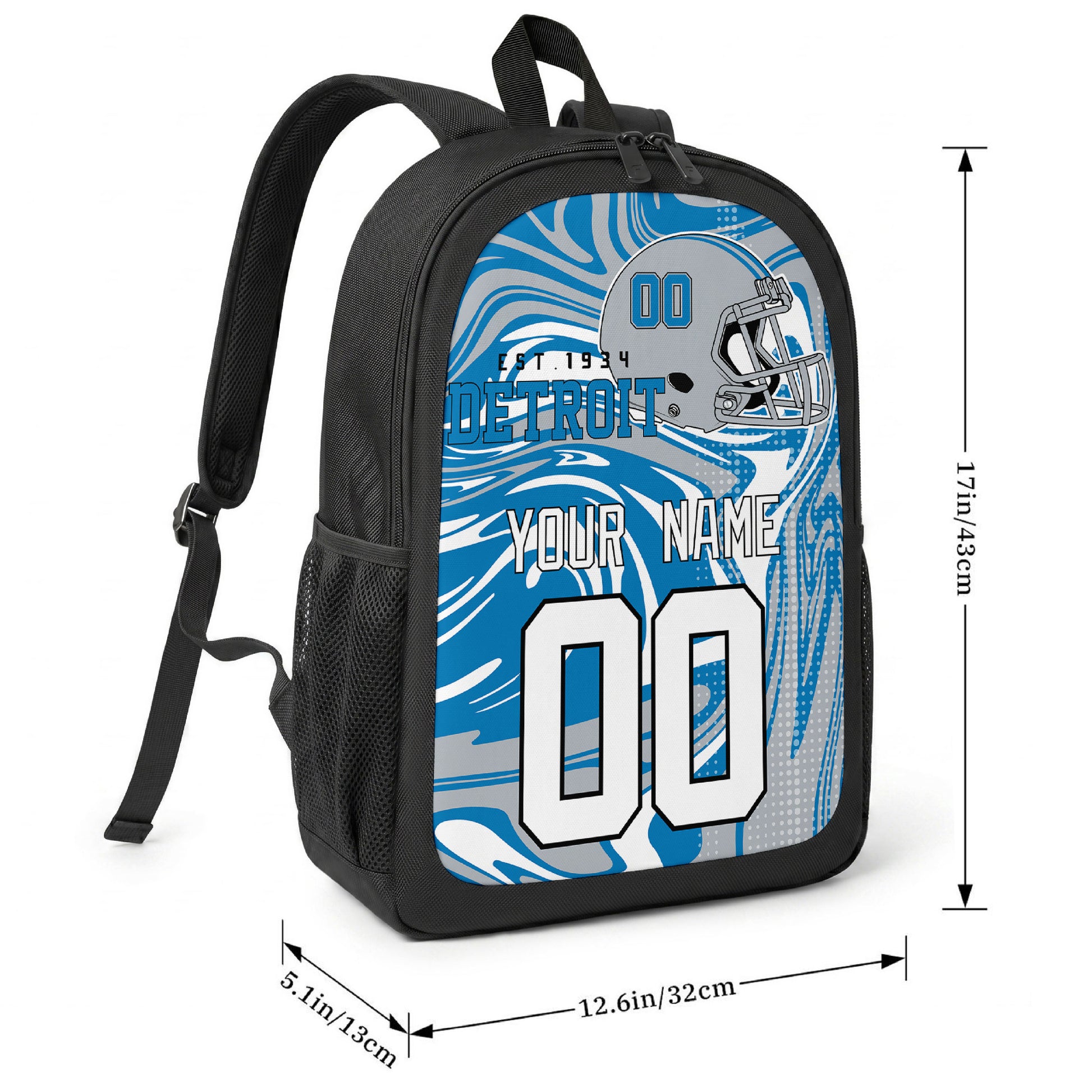 Detroit football-inspired backpack size chart showing 17 inch height, 12.6 inch width, and 5.1 inch depth