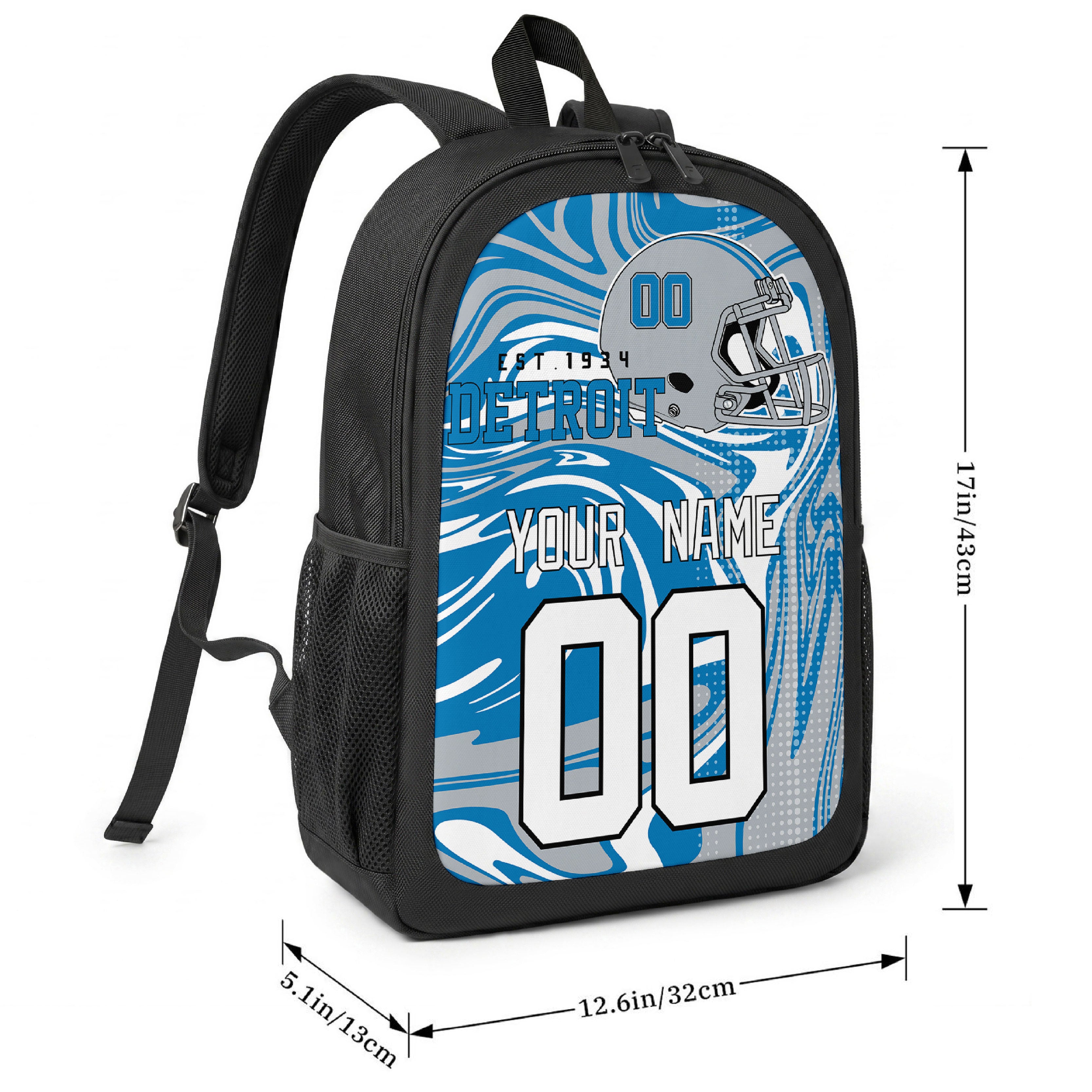 Detroit football-inspired backpack size chart showing 17 inch height, 12.6 inch width, and 5.1 inch depth