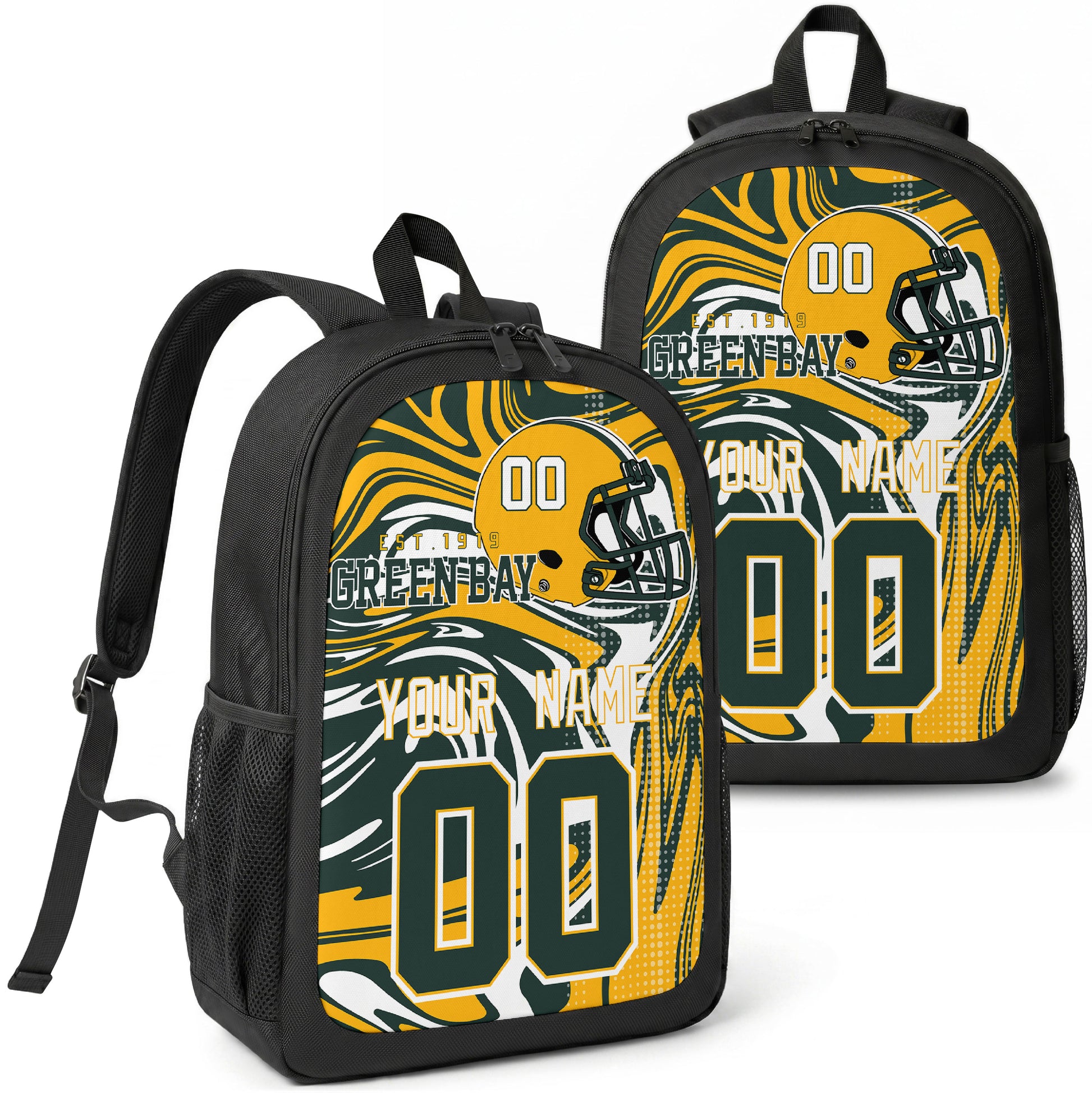 Green Bay custom football backpack with name and number, front and angled product view