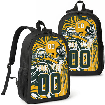 Green Bay custom football backpack with name and number, front and angled product view