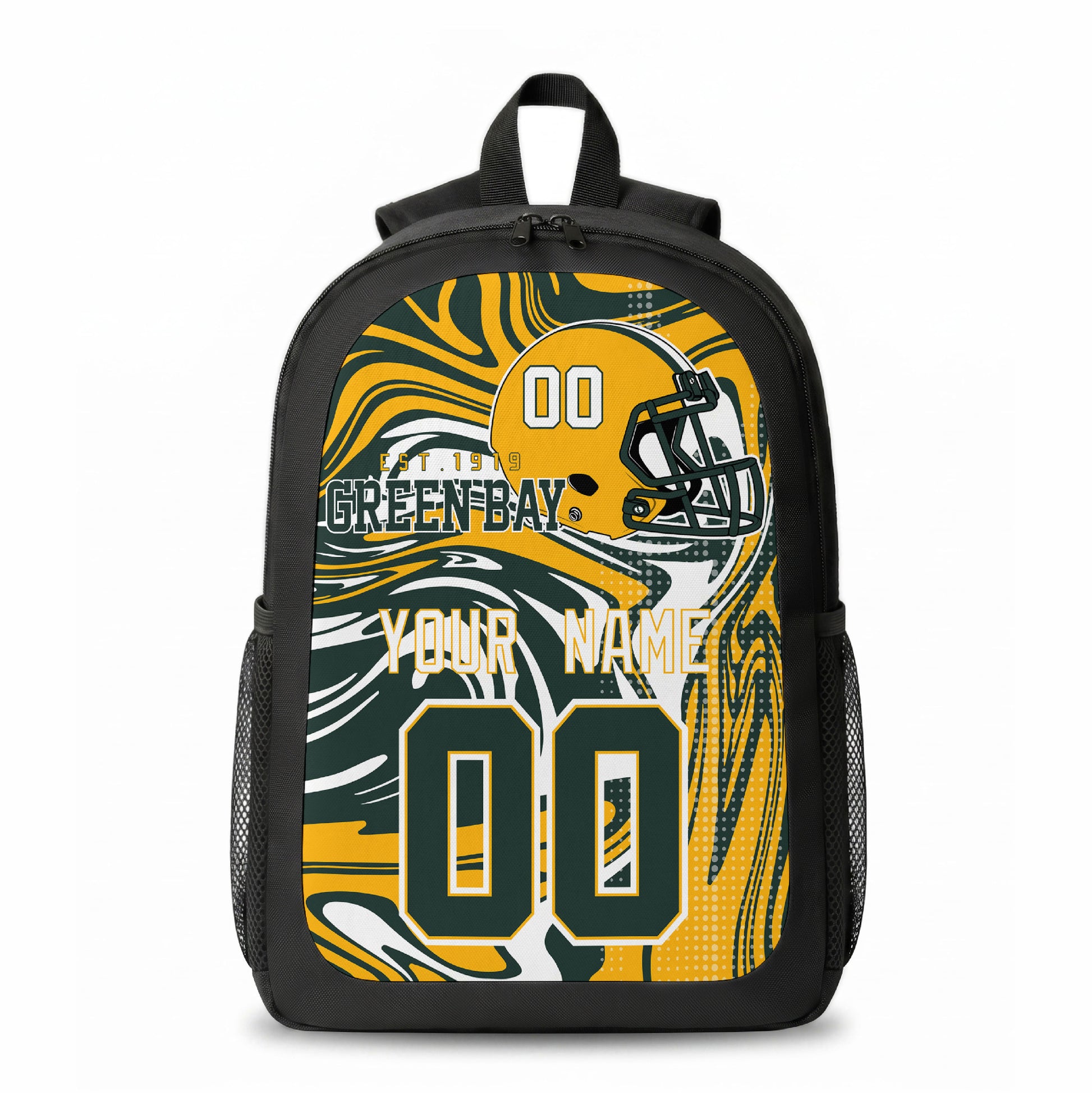 Green Bay city colors personalized football backpack front view with helmet-style graphic