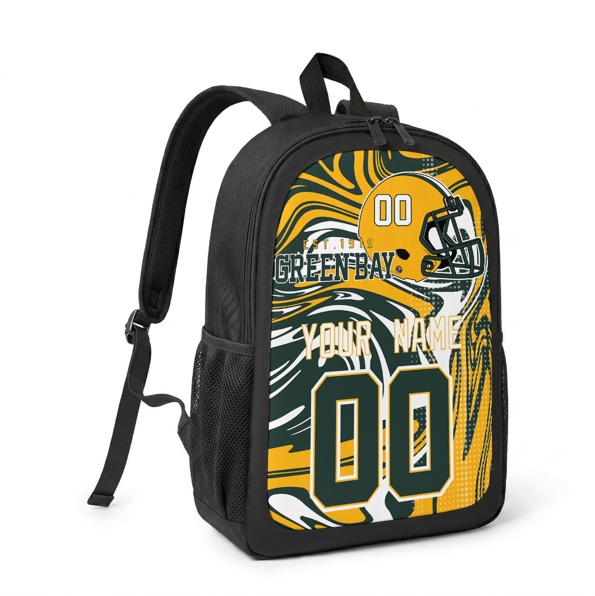 Green Bay custom name and number football backpack angled side view with black straps