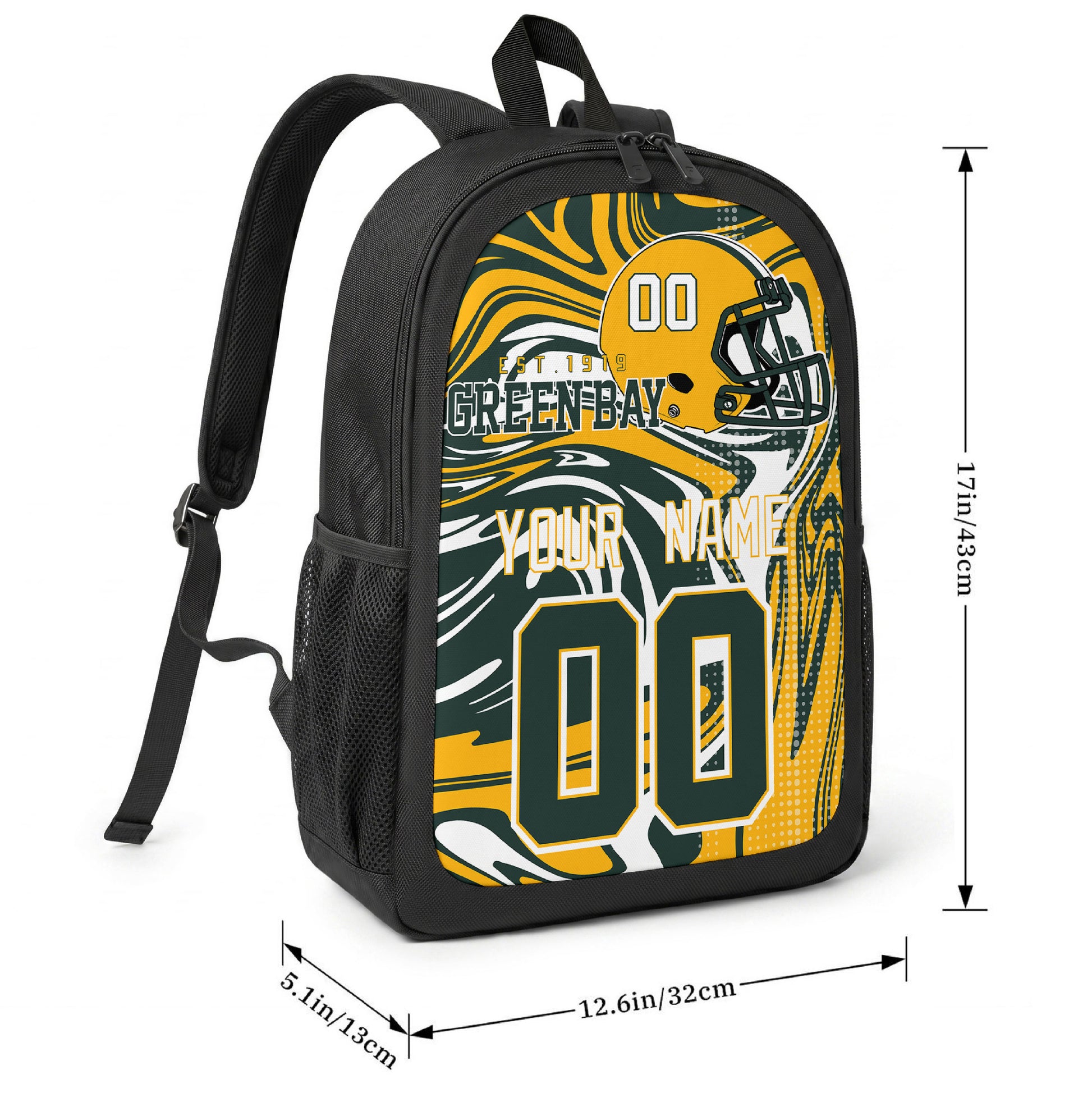 Green Bay football-inspired backpack size chart showing 17 inch height, 12.6 inch width, and 5.1 inch depth