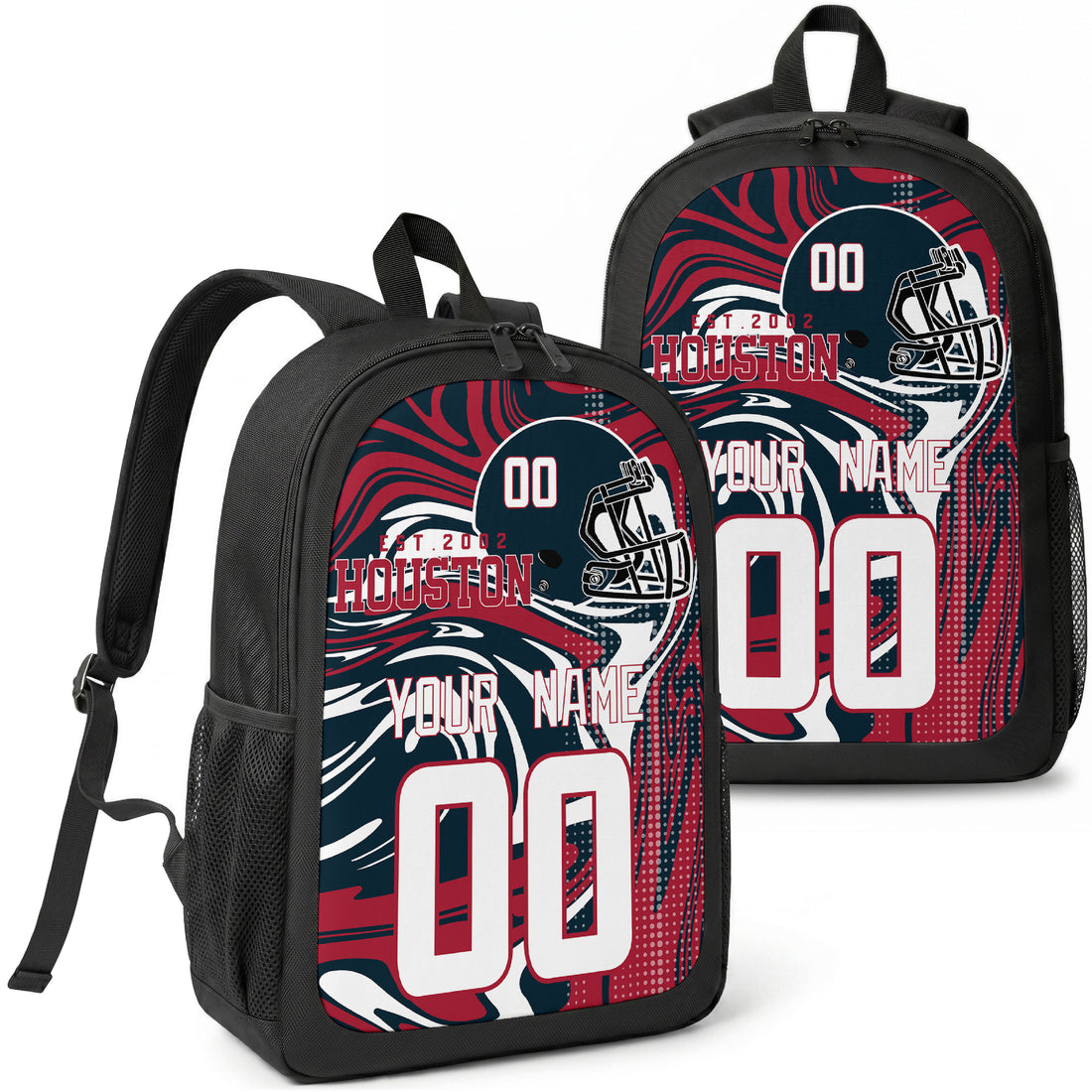 Houston custom football backpack with name and number, front and angled product view