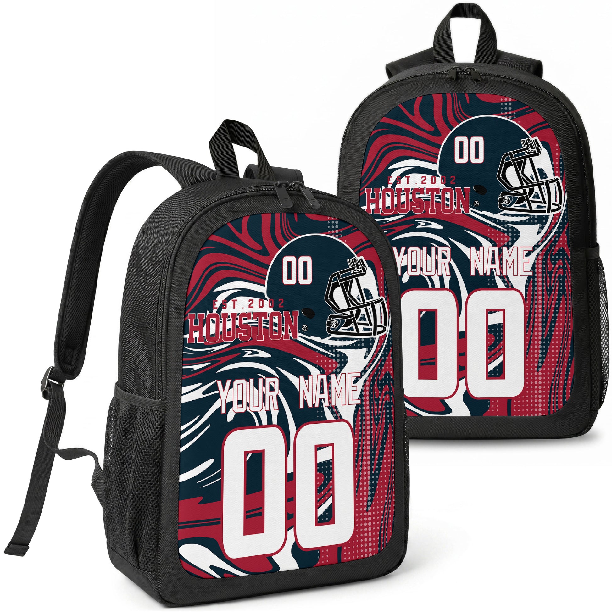 Houston custom football backpack with name and number, front and angled product view