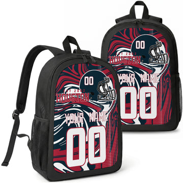 Houston custom football backpack with name and number, front and angled product view