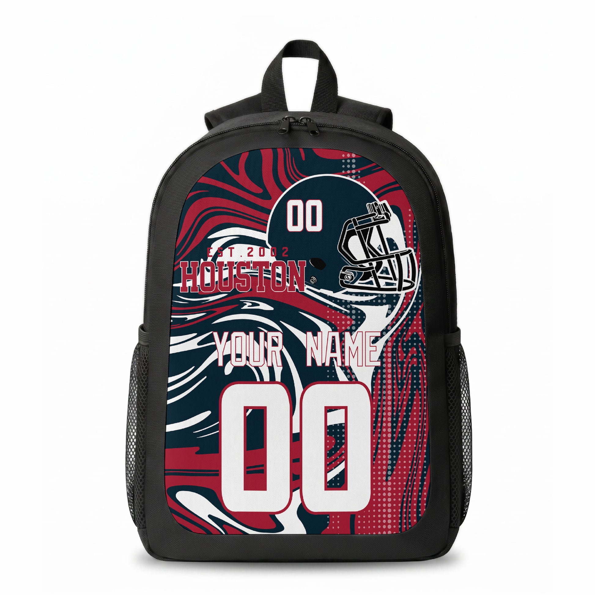 Houston city colors personalized football backpack front view with helmet-style graphic