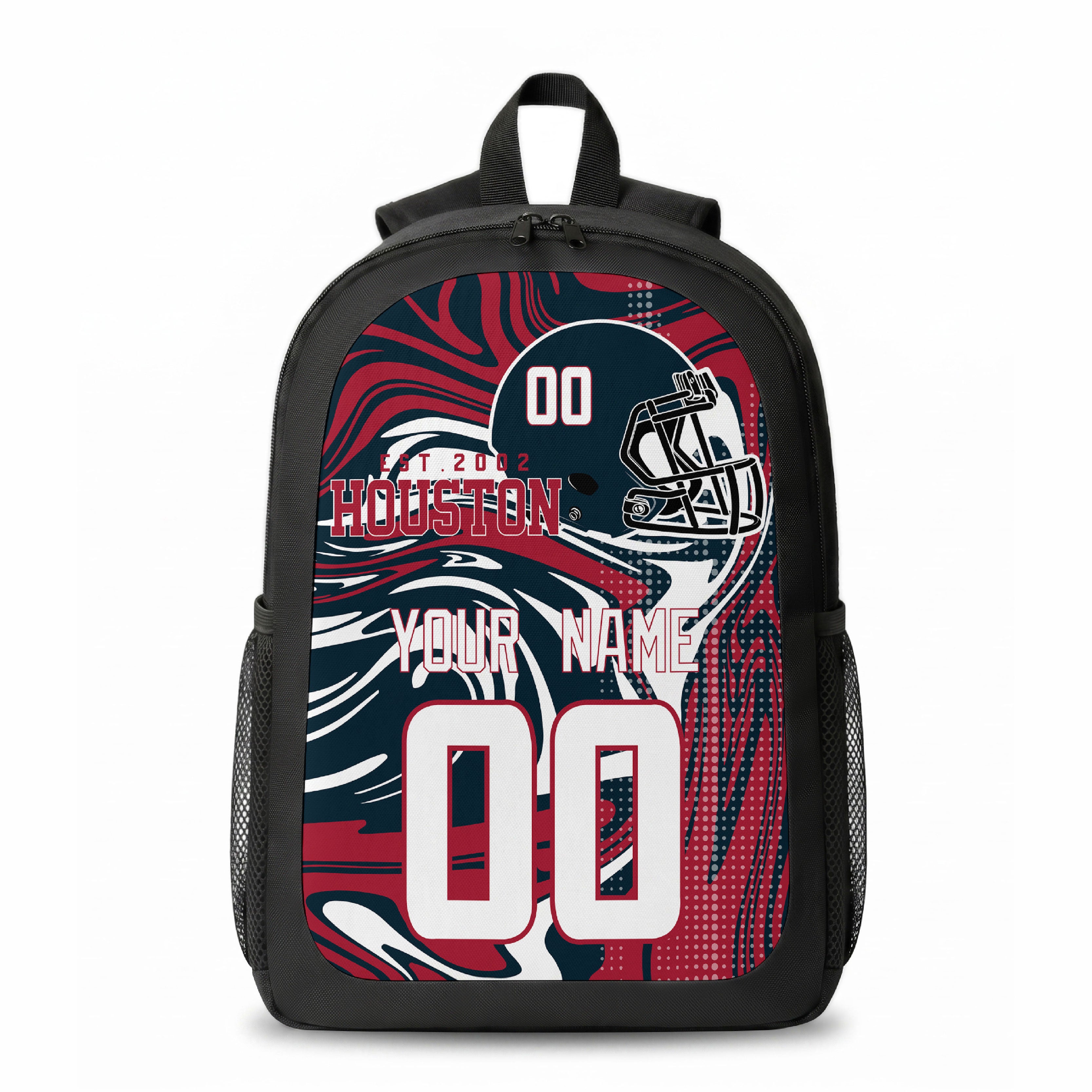 Houston city colors personalized football backpack front view with helmet-style graphic