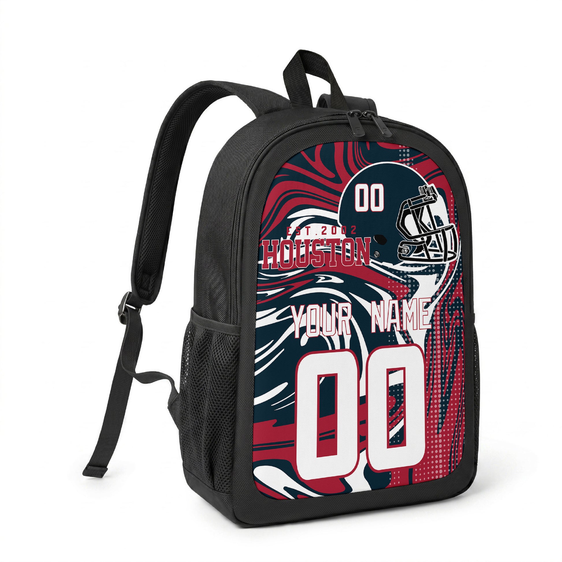 Houston custom name and number football backpack angled side view with black straps