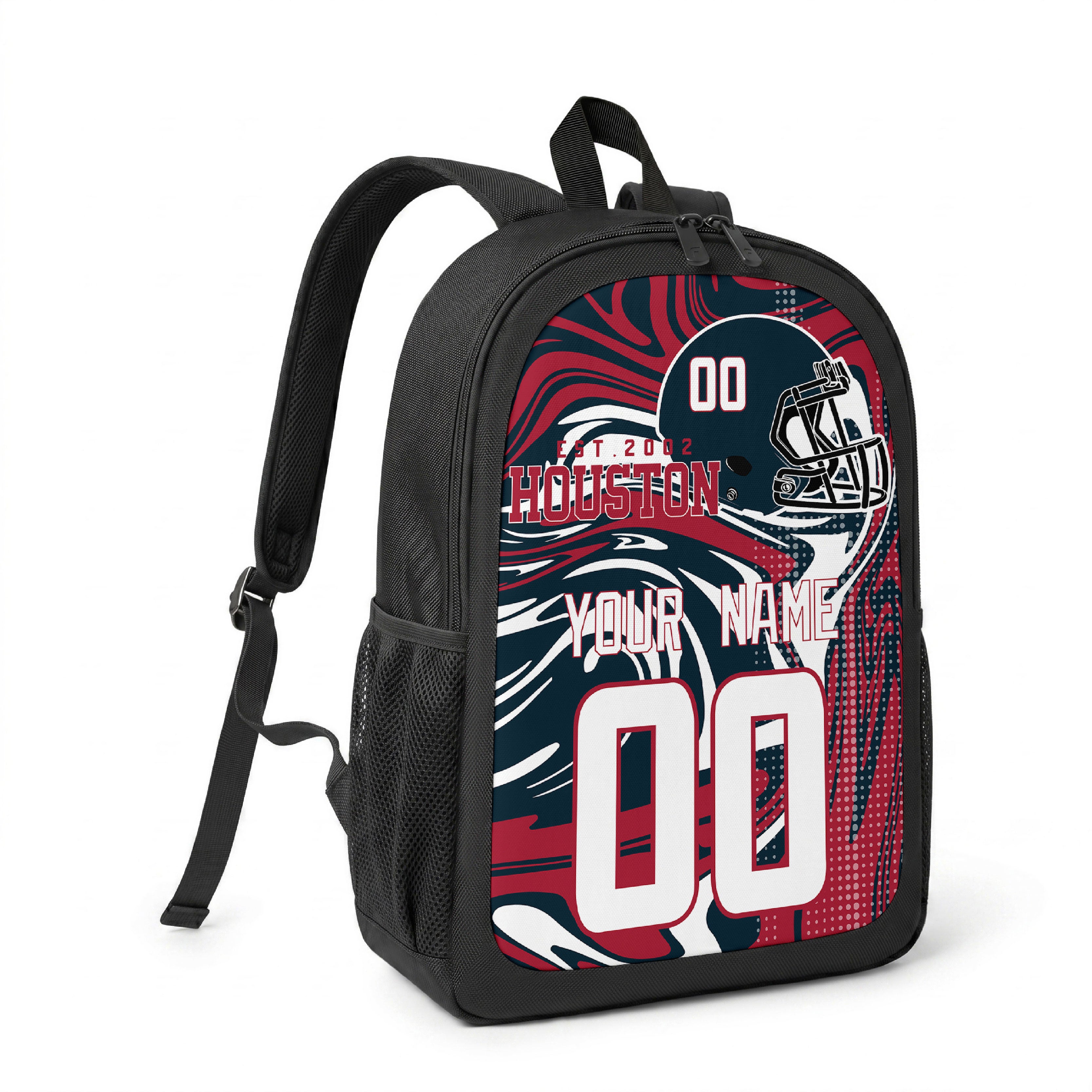 Houston custom name and number football backpack angled side view with black straps