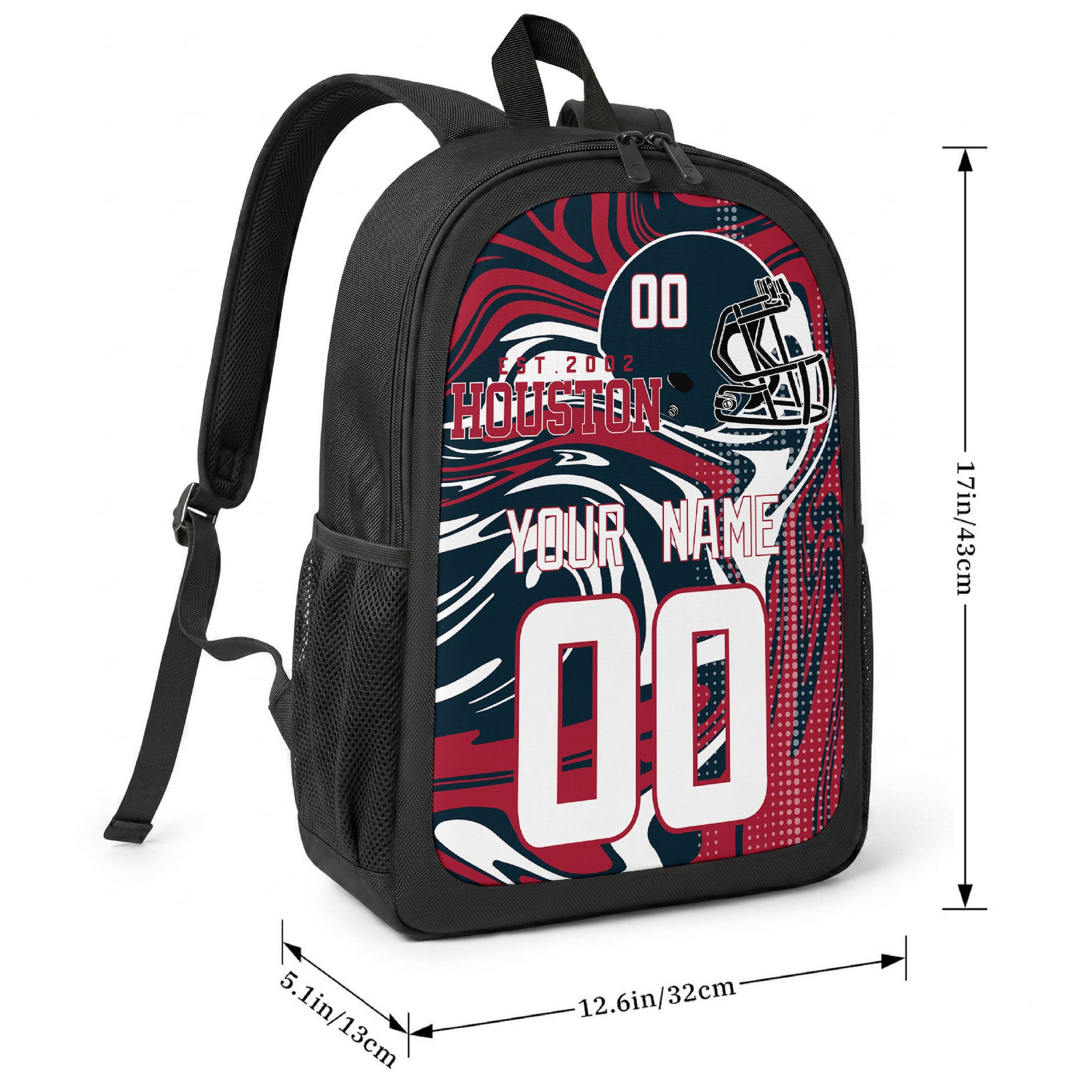 Houston football-inspired backpack size chart showing 17 inch height, 12.6 inch width, and 5.1 inch depth
