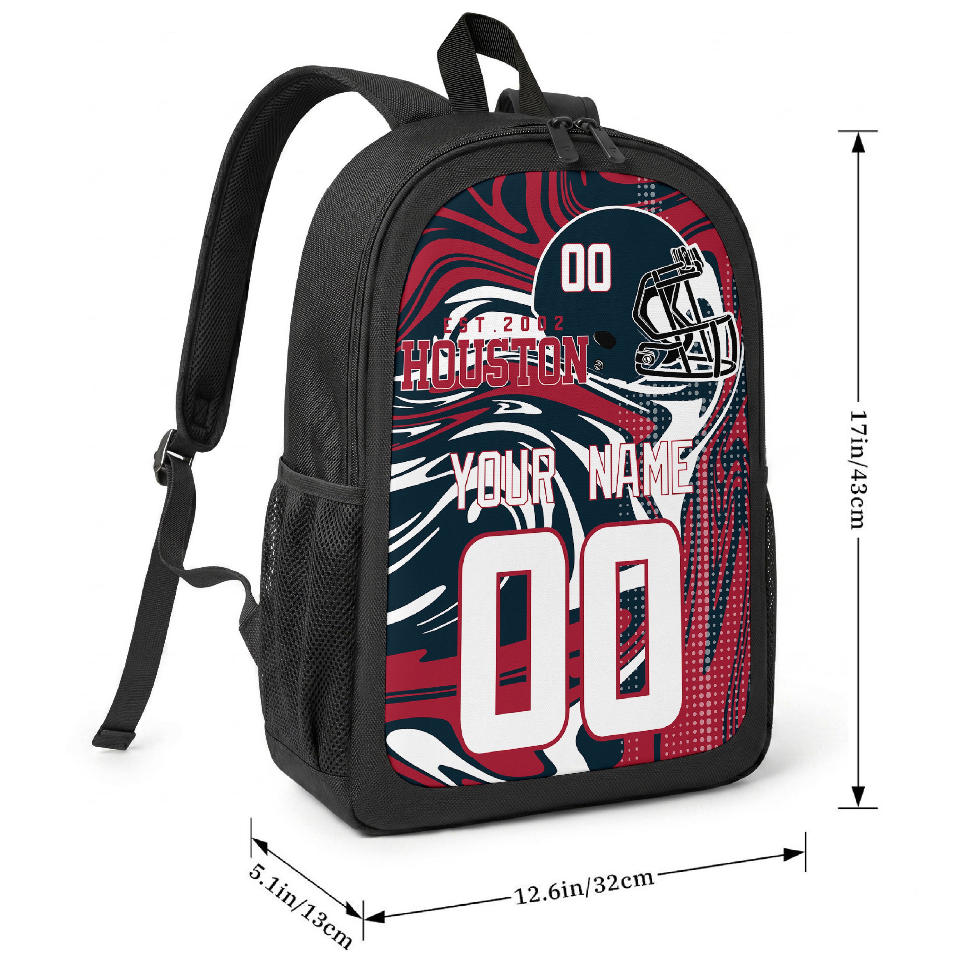 Houston football-inspired backpack size chart showing 17 inch height, 12.6 inch width, and 5.1 inch depth