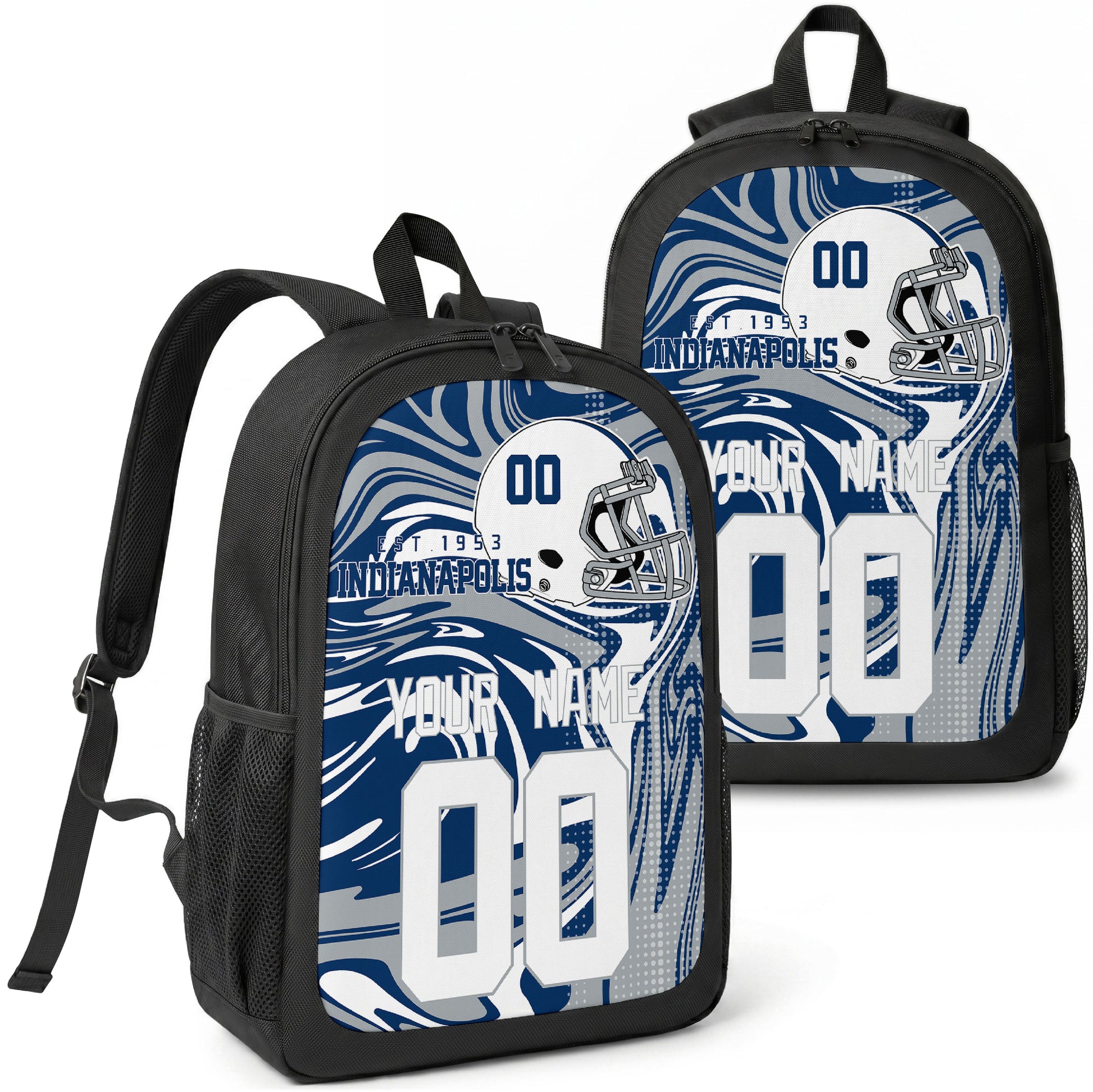 Indianapolis custom football backpack with name and number, front and angled product view