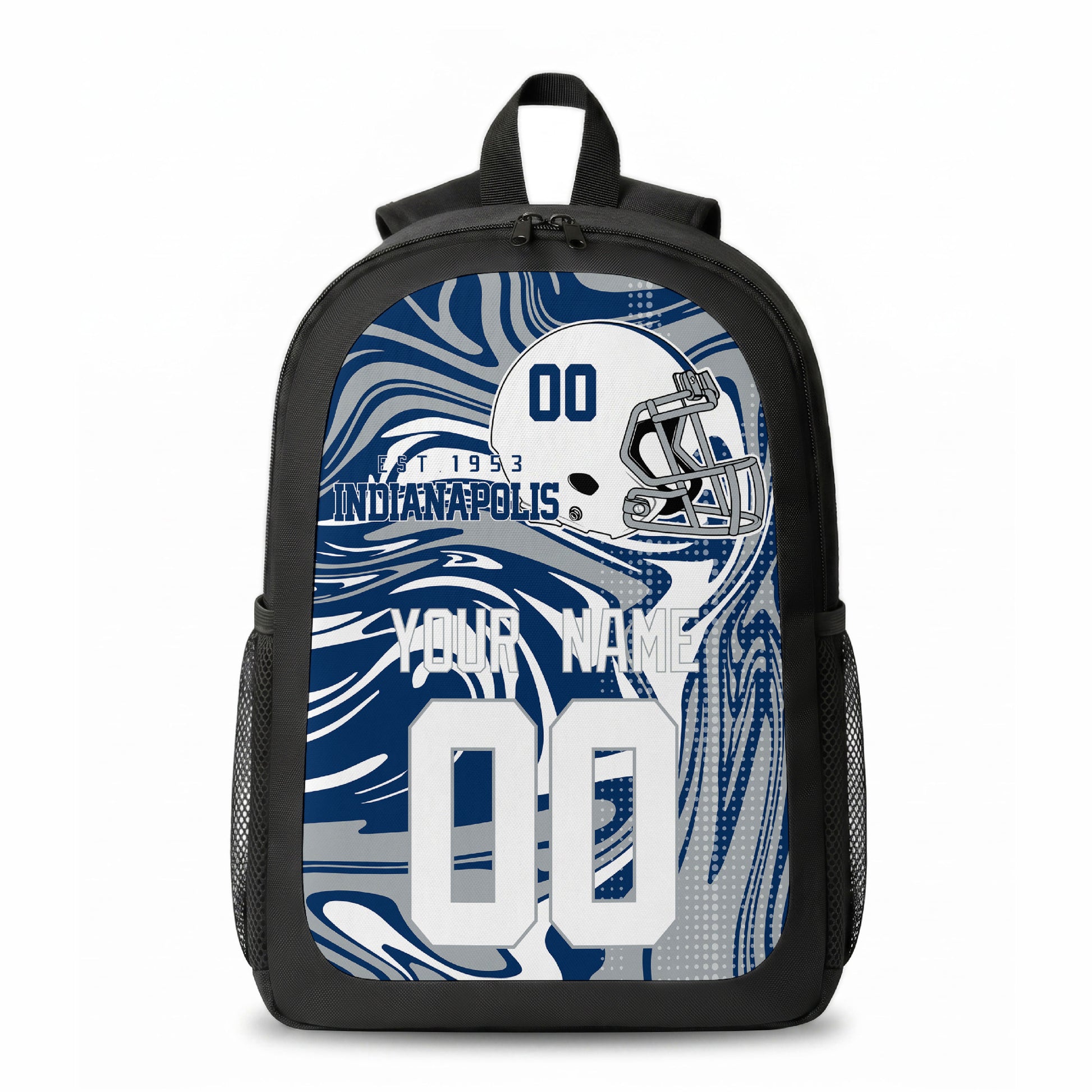 Indianapolis city colors personalized football backpack front view with helmet-style graphic