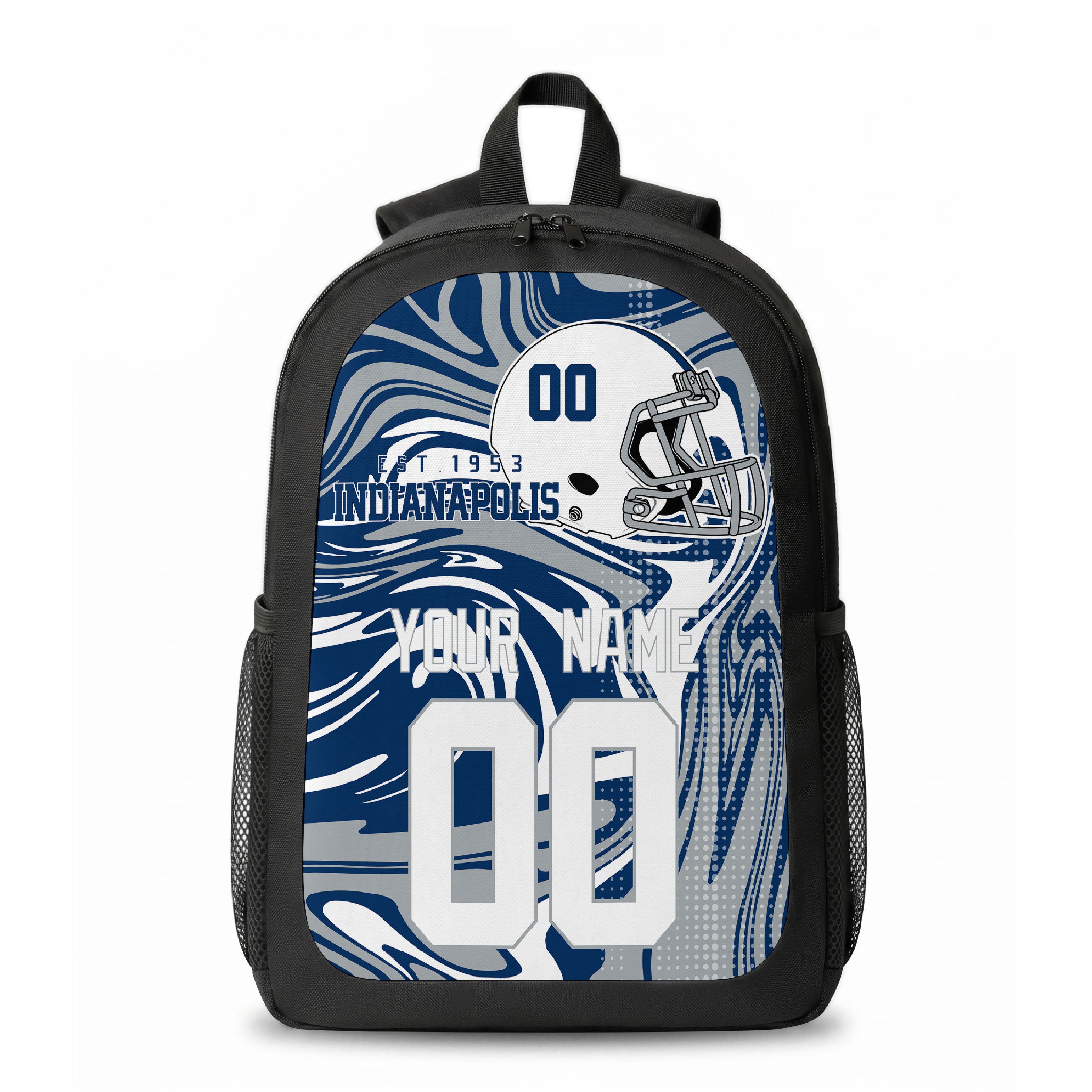 Indianapolis city colors personalized football backpack front view with helmet-style graphic
