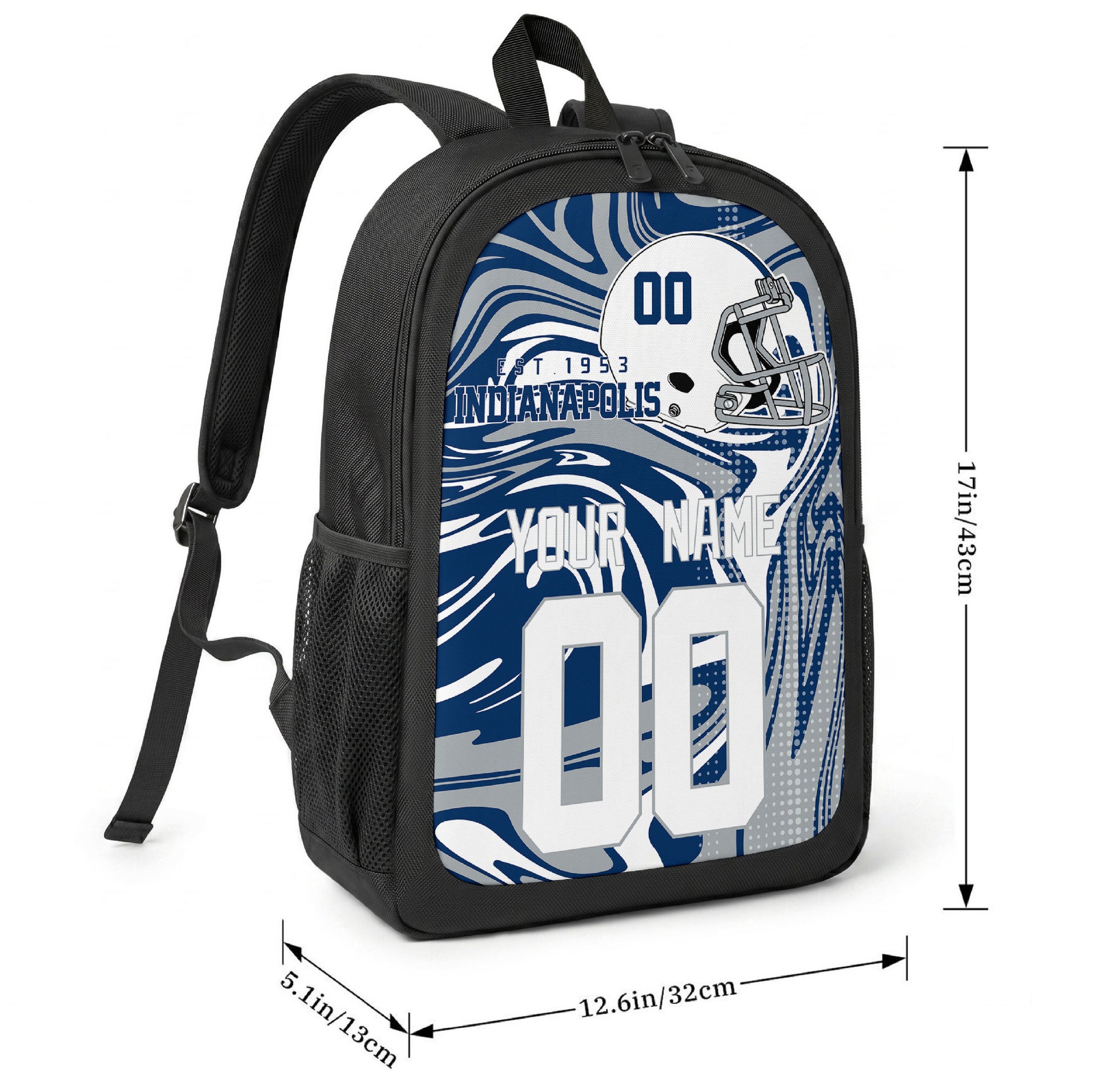Indianapolis football-inspired backpack size chart showing 17 inch height, 12.6 inch width, and 5.1 inch depth