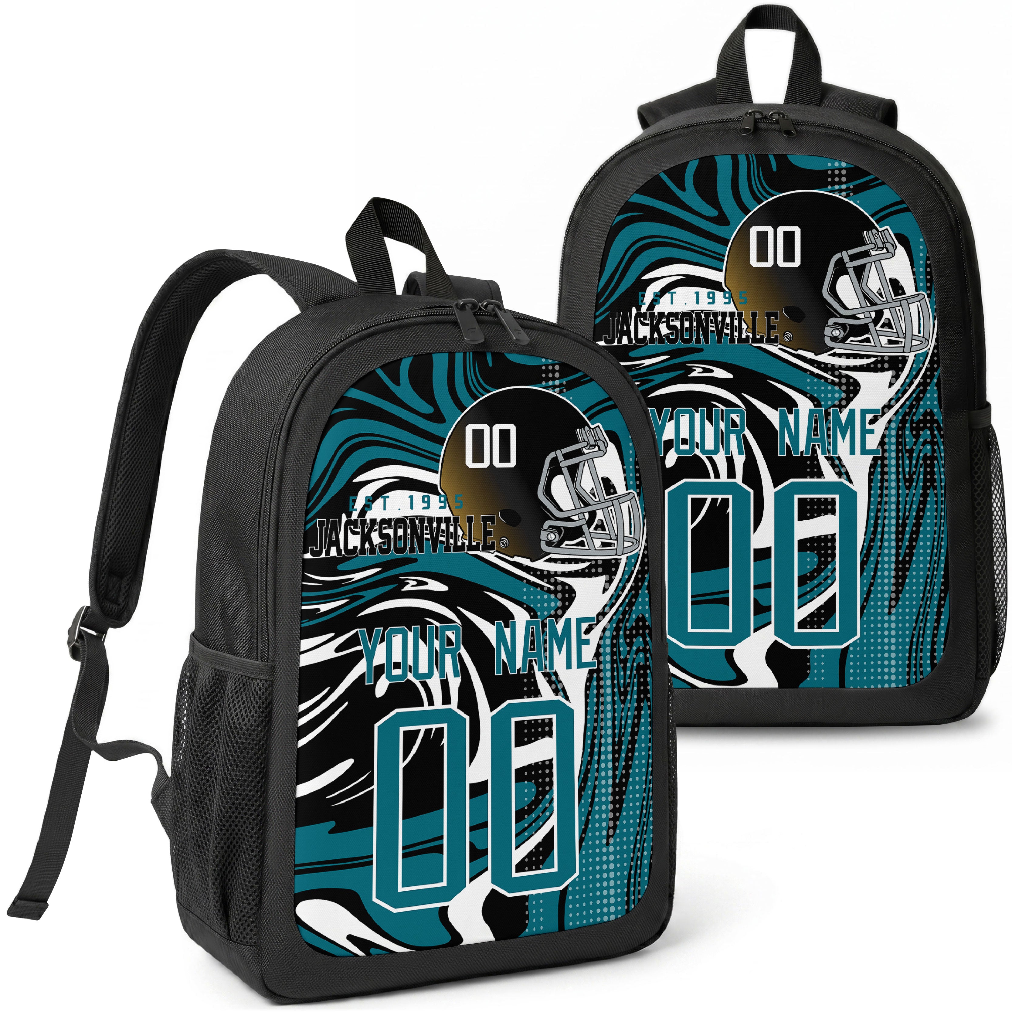 Jacksonville custom football backpack with name and number, front and angled product view