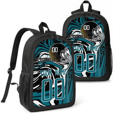 Jacksonville custom football backpack with name and number, front and angled product view