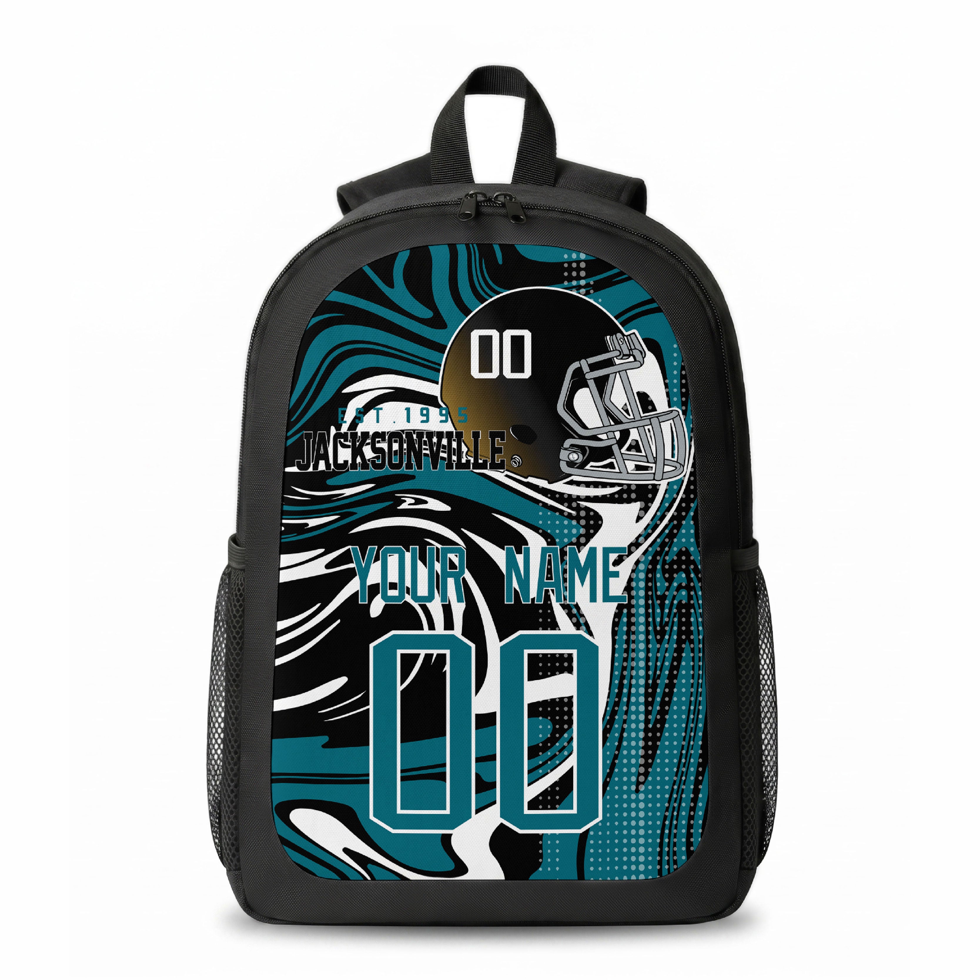 Jacksonville city colors personalized football backpack front view with helmet-style graphic