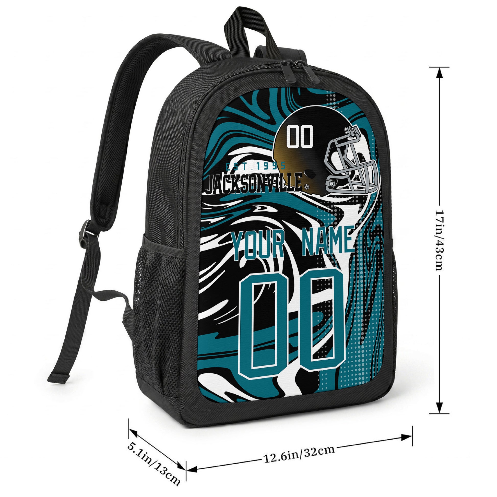 Jacksonville football-inspired backpack size chart showing 17 inch height, 12.6 inch width, and 5.1 inch depth