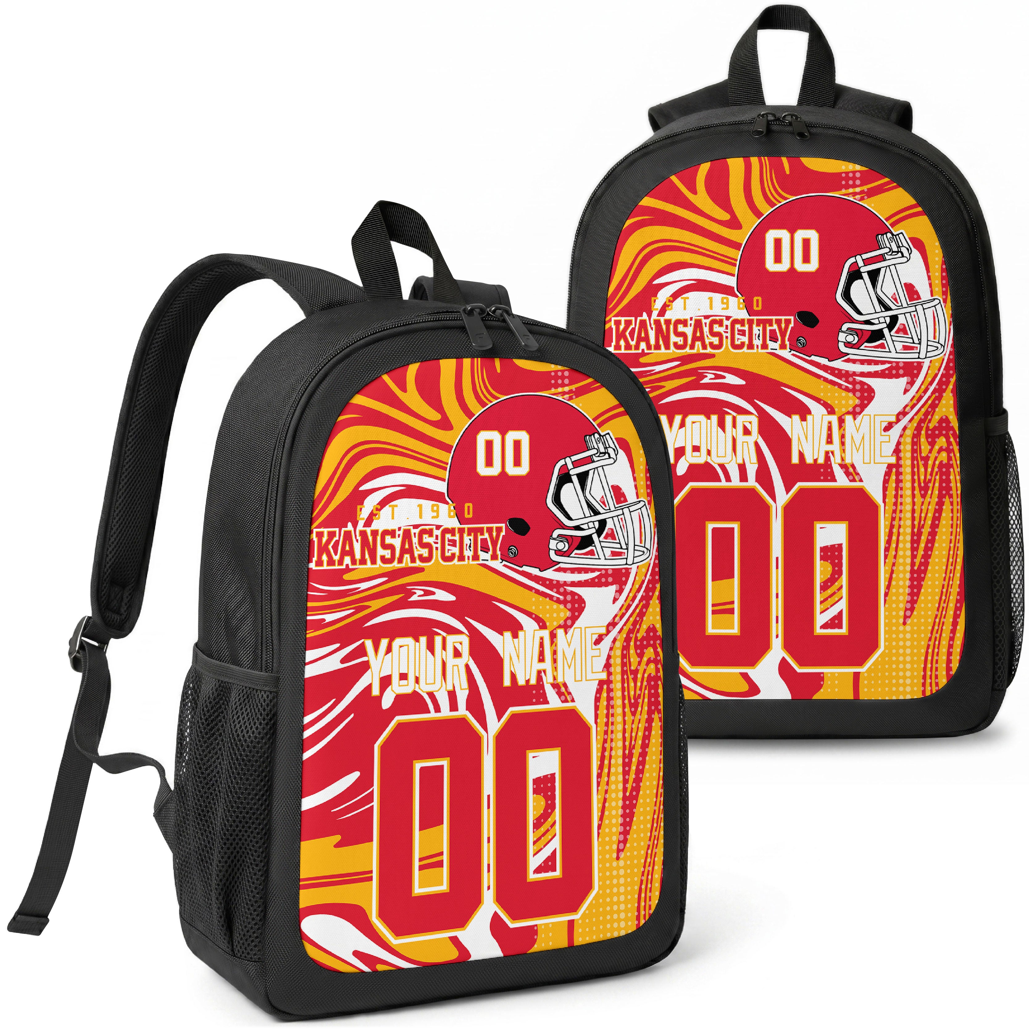 Kansas City custom football backpack with name and number, front and angled product view