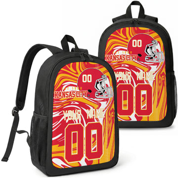 Kansas City custom football backpack with name and number, front and angled product view