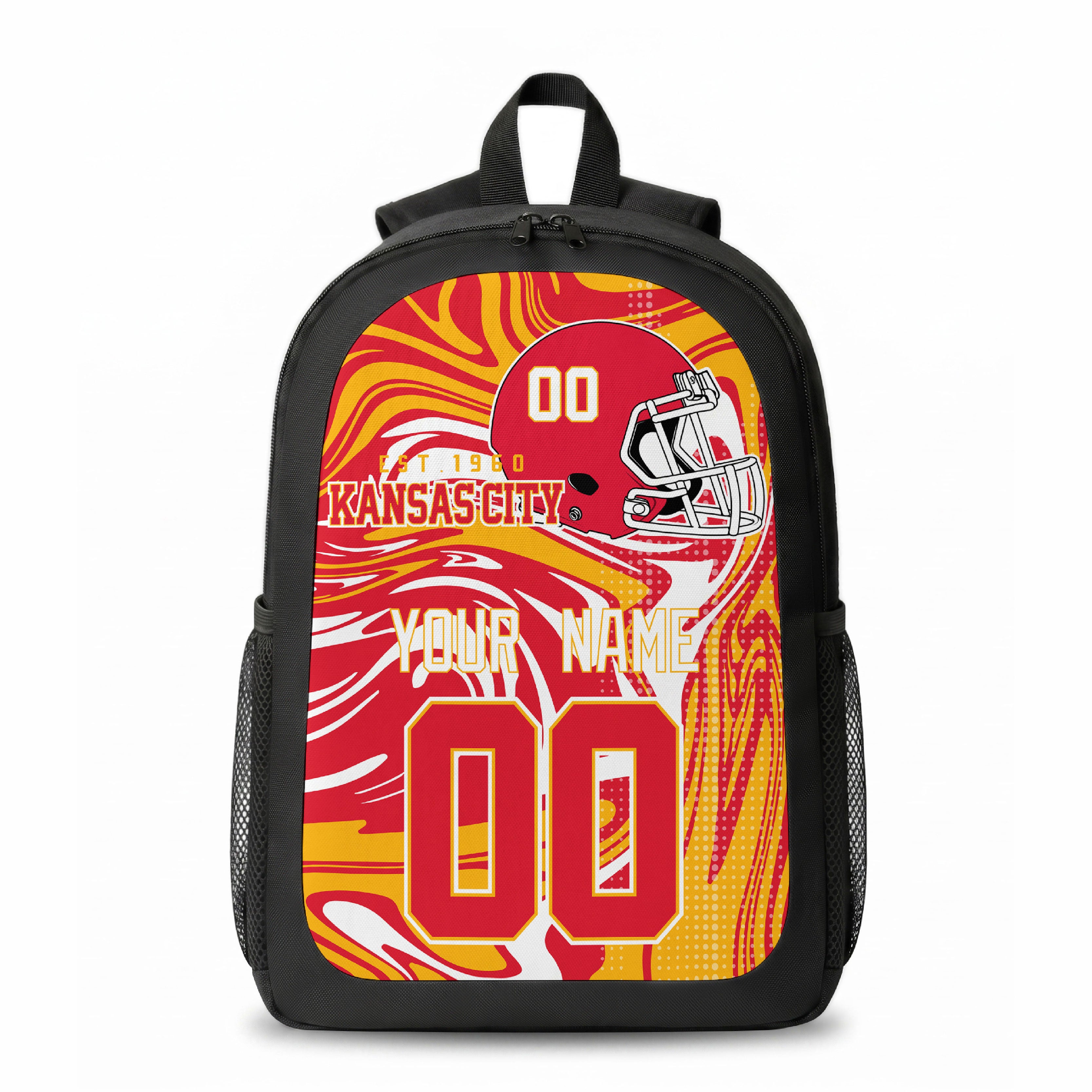Kansas City city colors personalized football backpack front view with helmet-style graphic