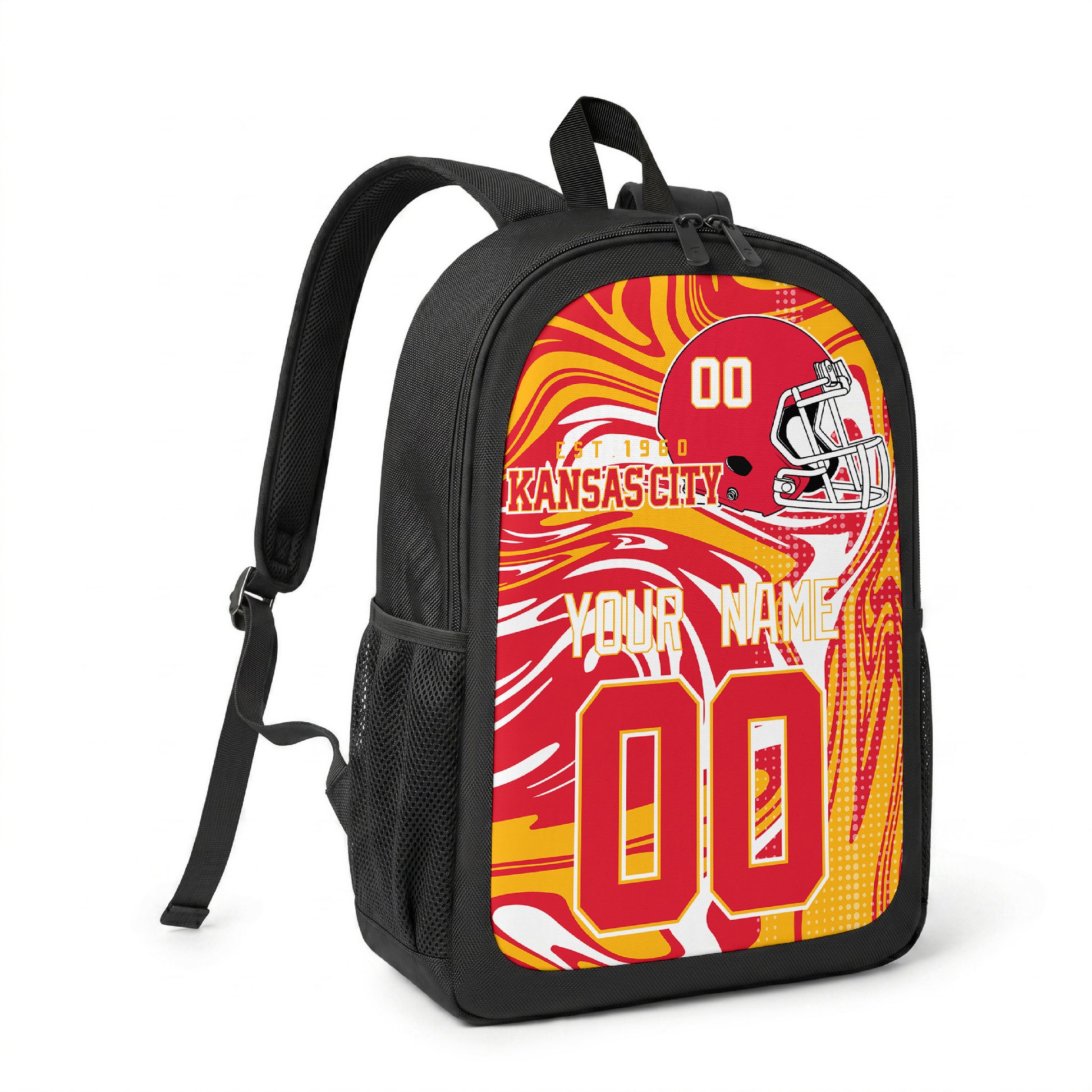 Kansas City custom name and number football backpack angled side view with black straps