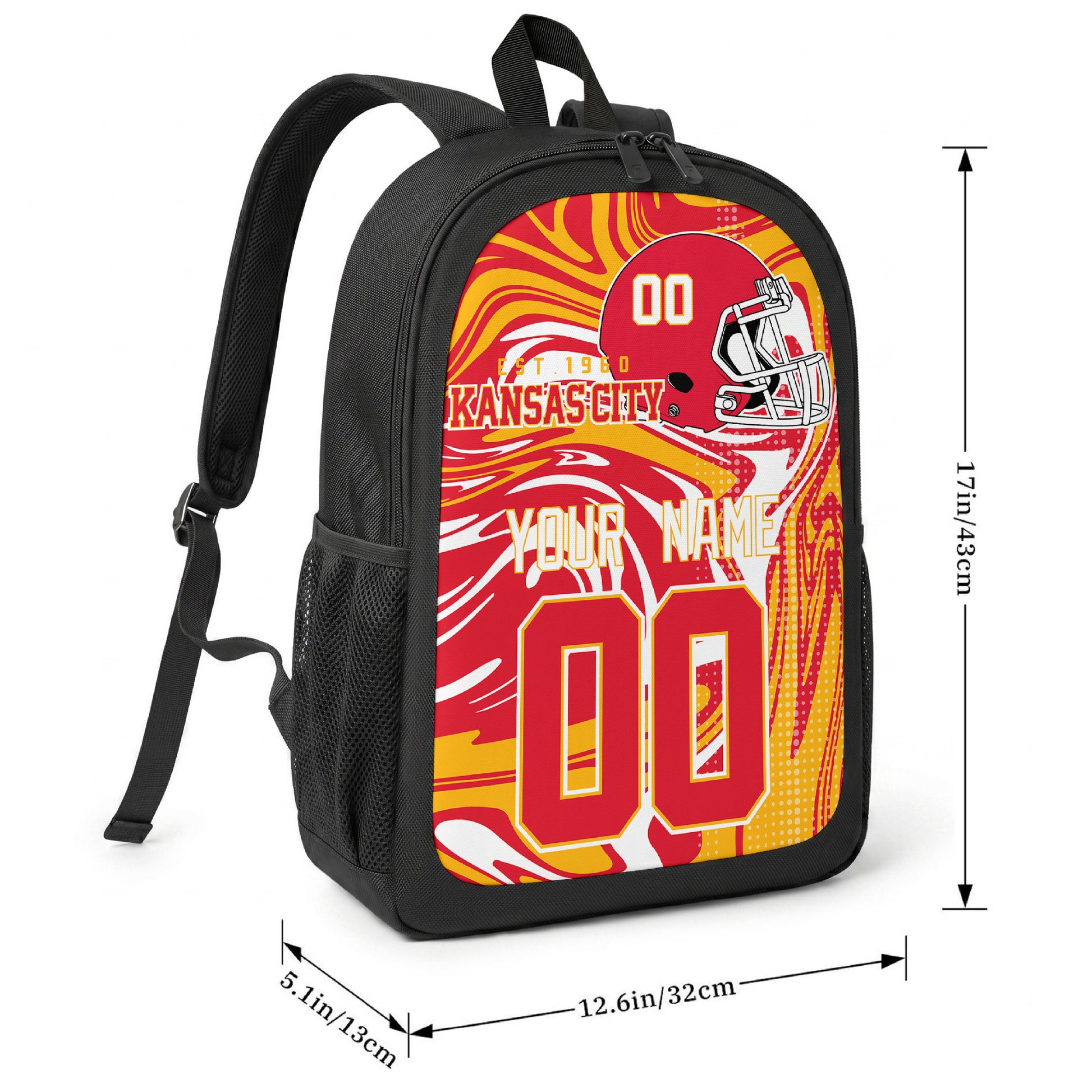 Kansas City football-inspired backpack size chart showing 17 inch height, 12.6 inch width, and 5.1 inch depth