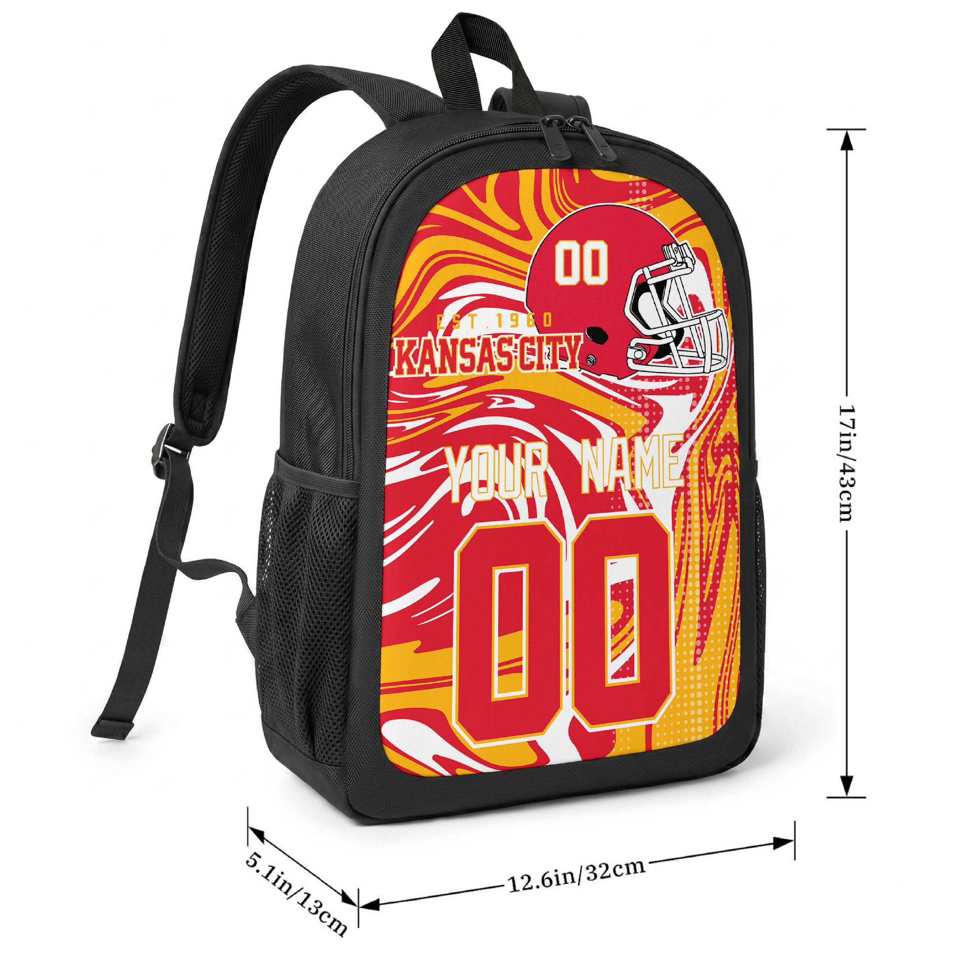 Kansas City football-inspired backpack size chart showing 17 inch height, 12.6 inch width, and 5.1 inch depth