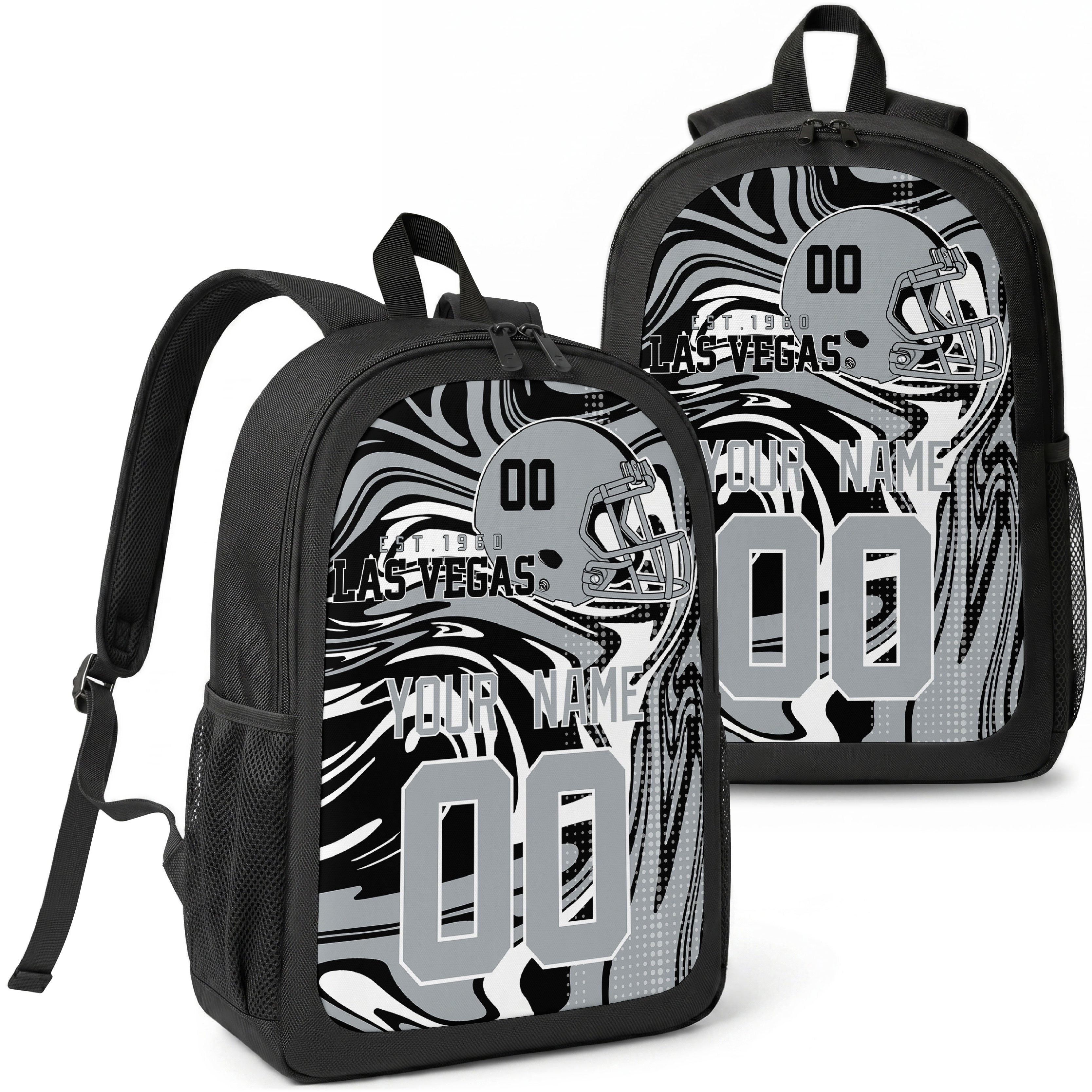 Las Vegas custom football backpack with name and number, front and angled product view