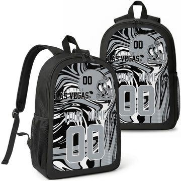 Las Vegas custom football backpack with name and number, front and angled product view