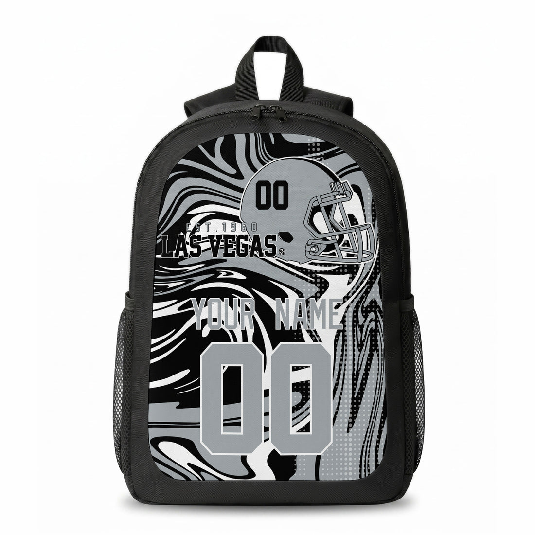 Las Vegas custom football backpack with name and number, front and angled product view