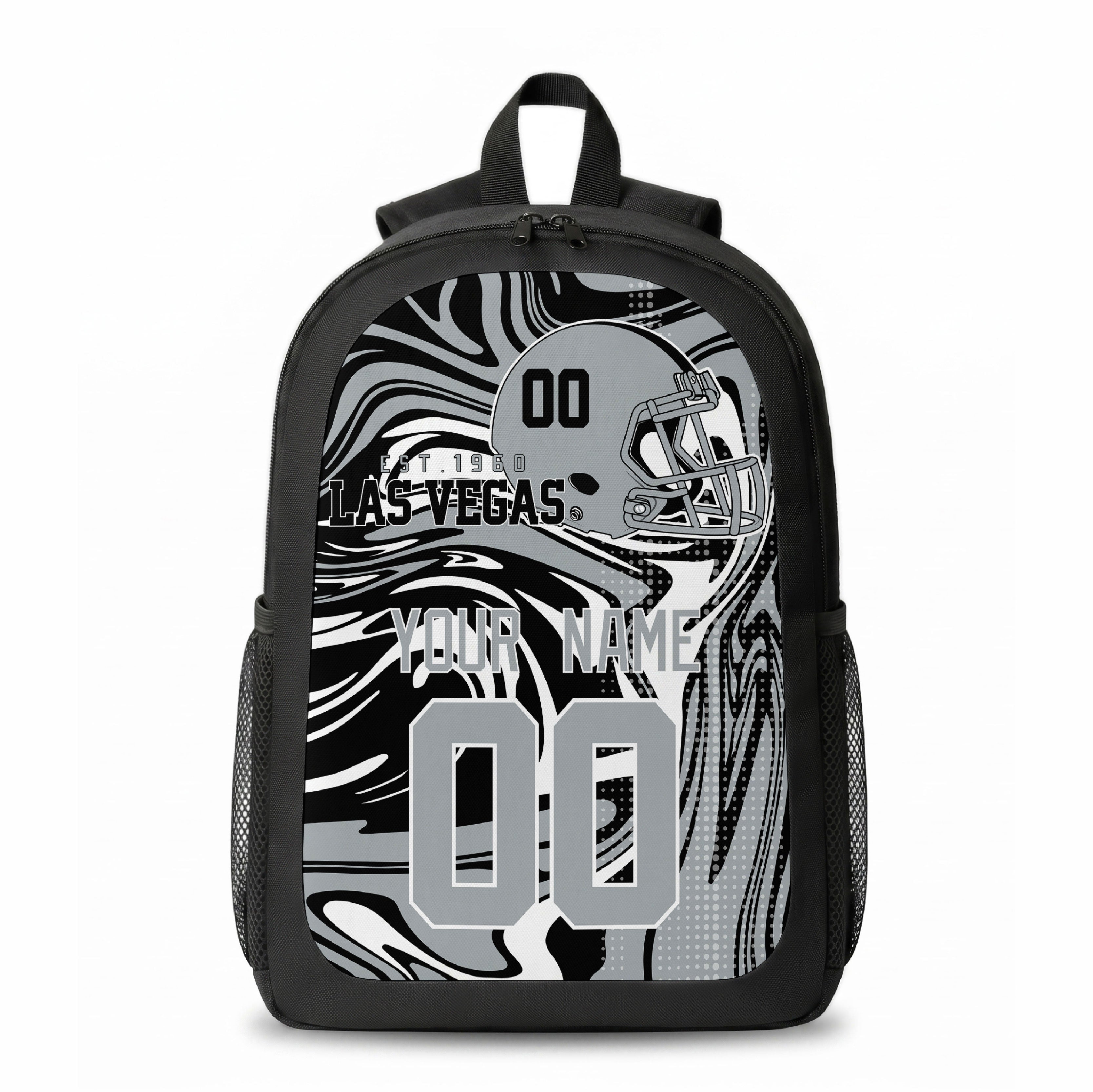 Las Vegas city colors personalized football backpack front view with helmet-style graphic